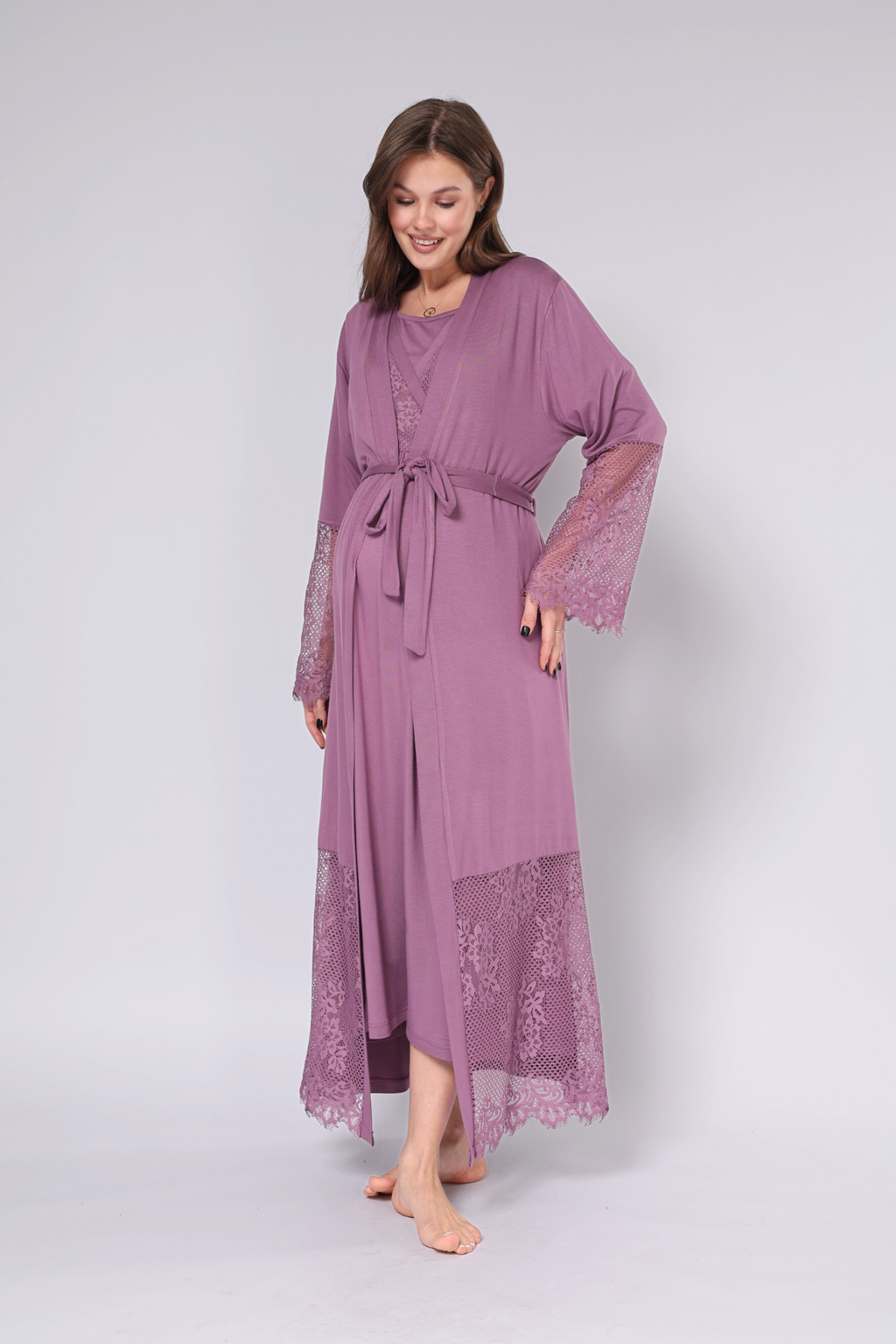 Mürdüm Dantel Detaylı Tasarım Sabahlıklı Kruvaze Lohusa Gecelik Takımı - 551