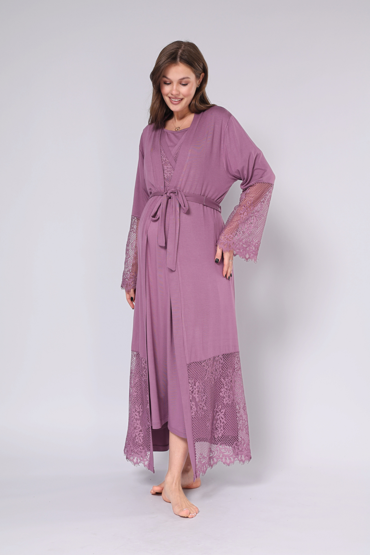 Mürdüm Dantel Detaylı Tasarım Sabahlıklı Kruvaze Lohusa Gecelik Takımı - 551