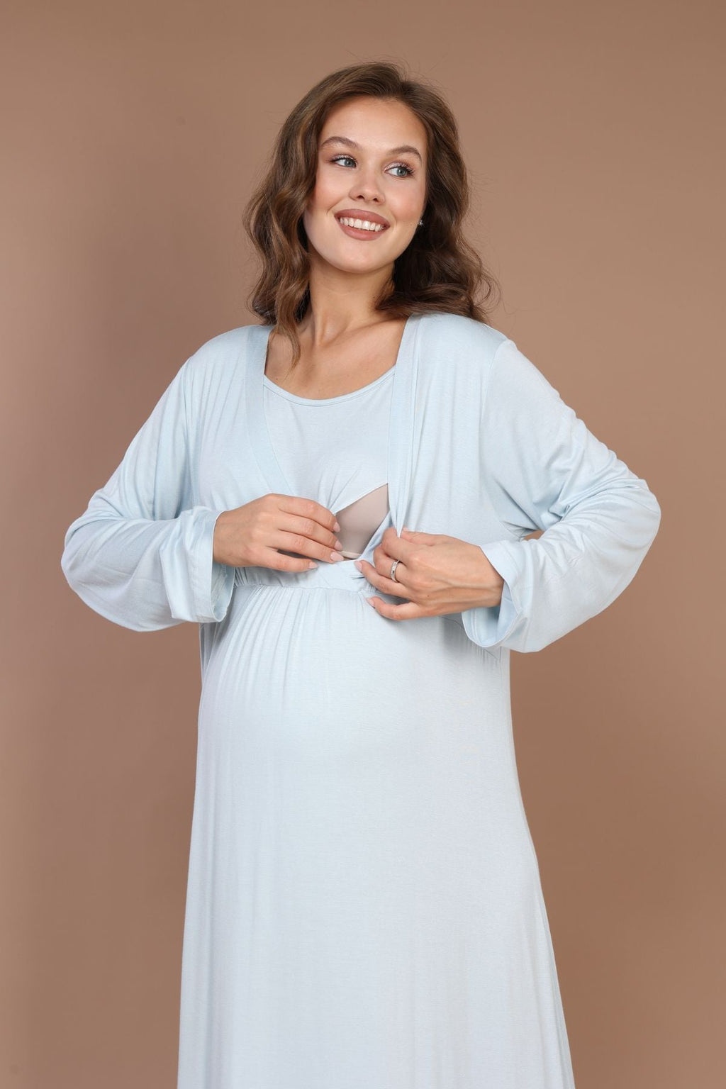 Mavi Tam Boy Sade Sabahlıklı Kruvaze Lohusa Gecelik Takımı - 622