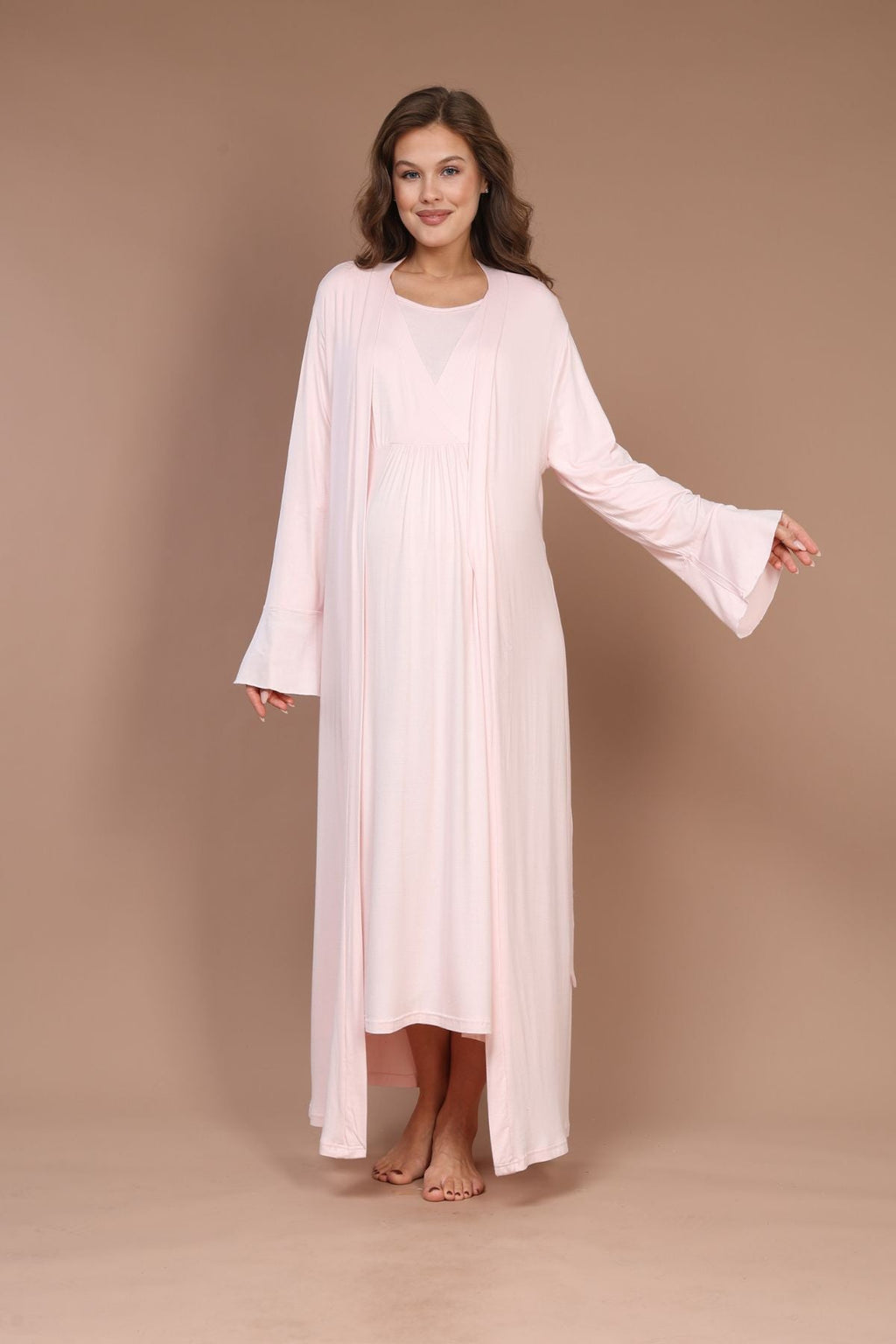 Pembe Tam Boy Sade Sabahlıklı Kruvaze Lohusa Gecelik Takımı - 623