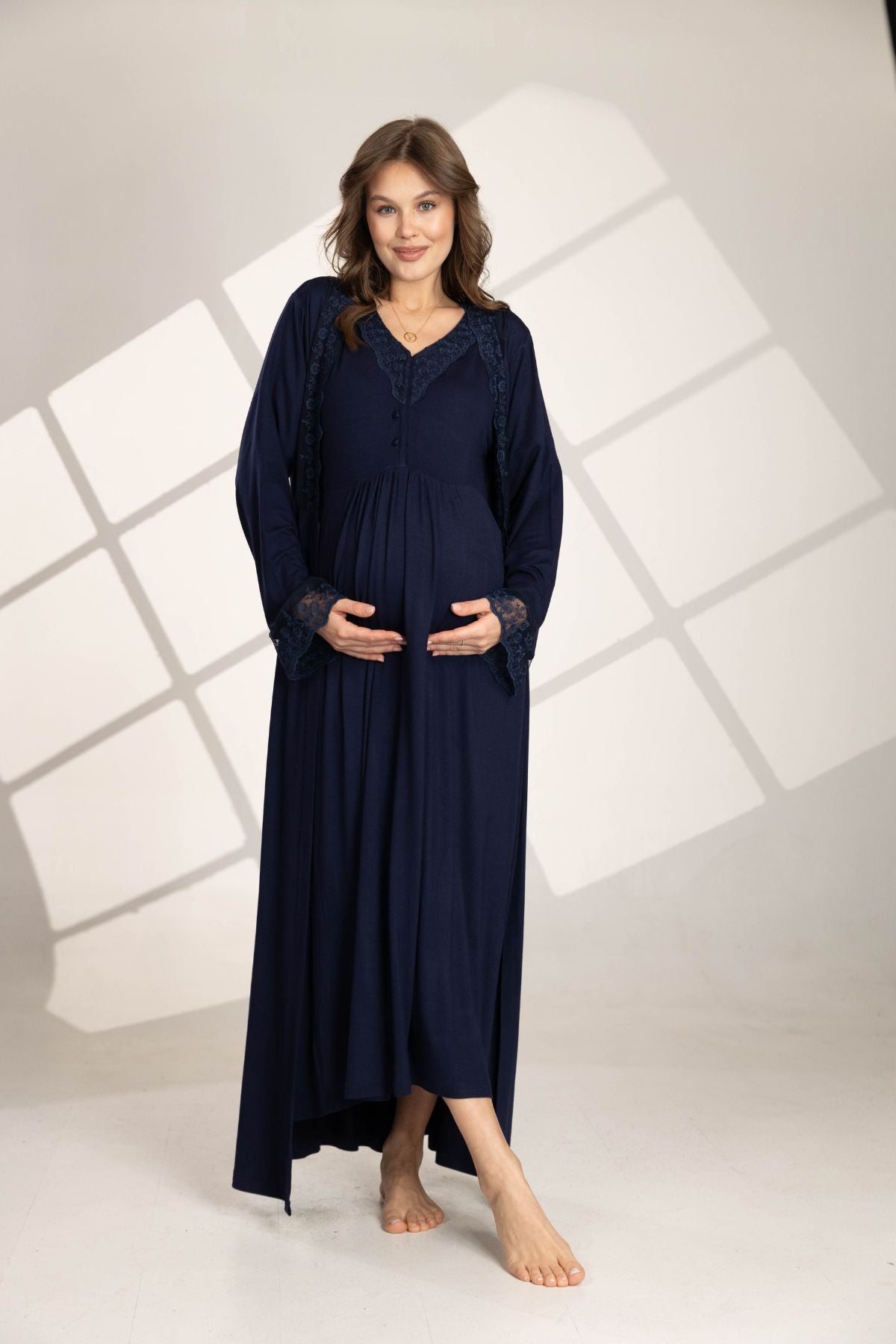 Lacivert Güpür Detaylı Sabahlıklı Lohusa Gecelik Takımı 562