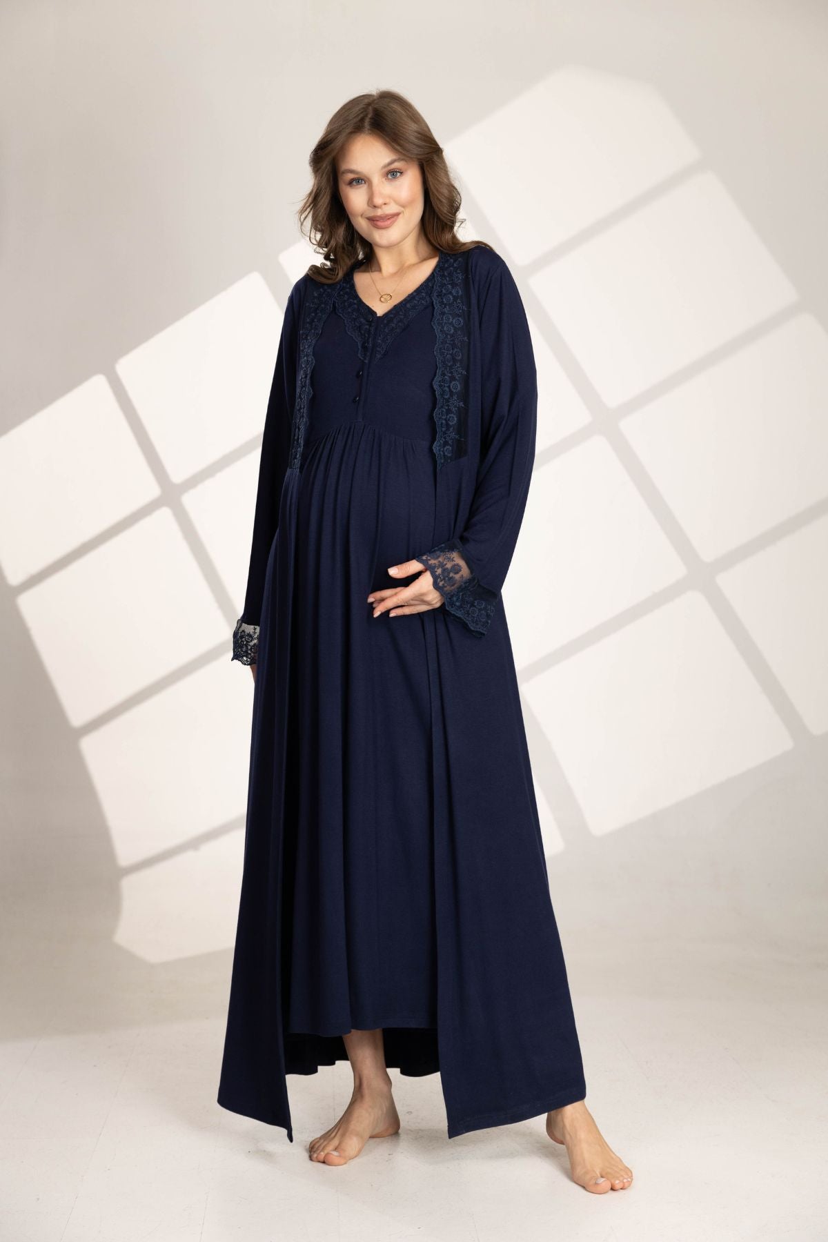 Lacivert Güpür Detaylı Sabahlıklı Lohusa Gecelik Takımı 562