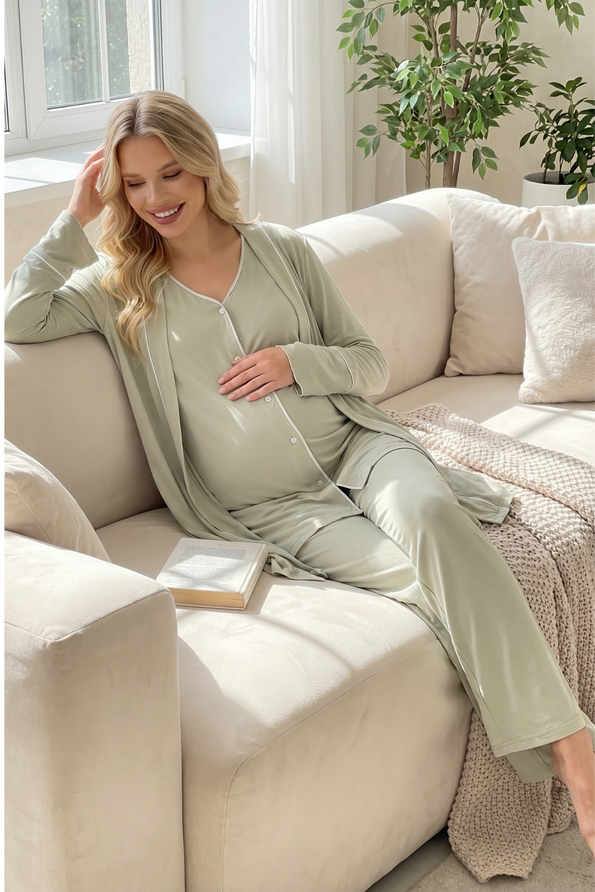Yeşil Önden Düğmeli Sabahlıklı  Lohusa Pijama Takımı-2039