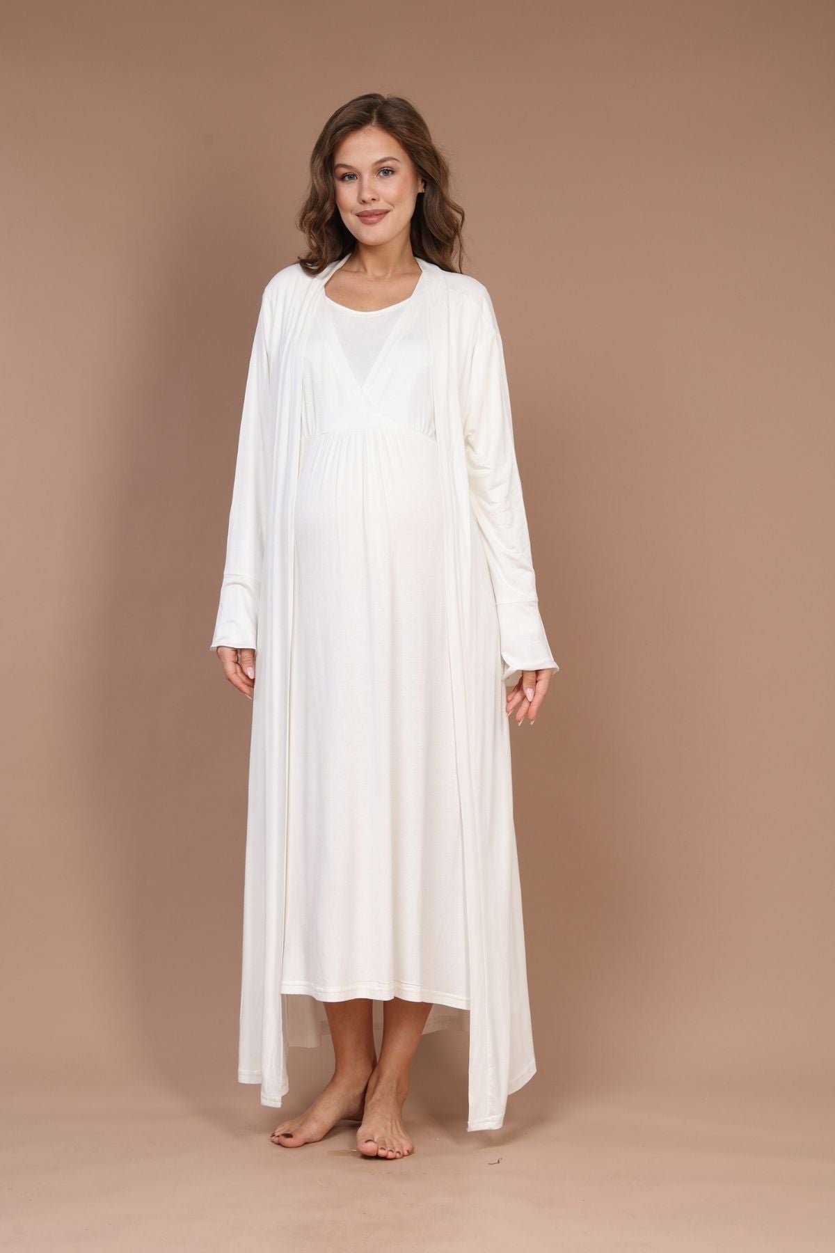 Ekru Tam Boy Sade Sabahlıklı Kruvaze Lohusa Gecelik Takımı - 621