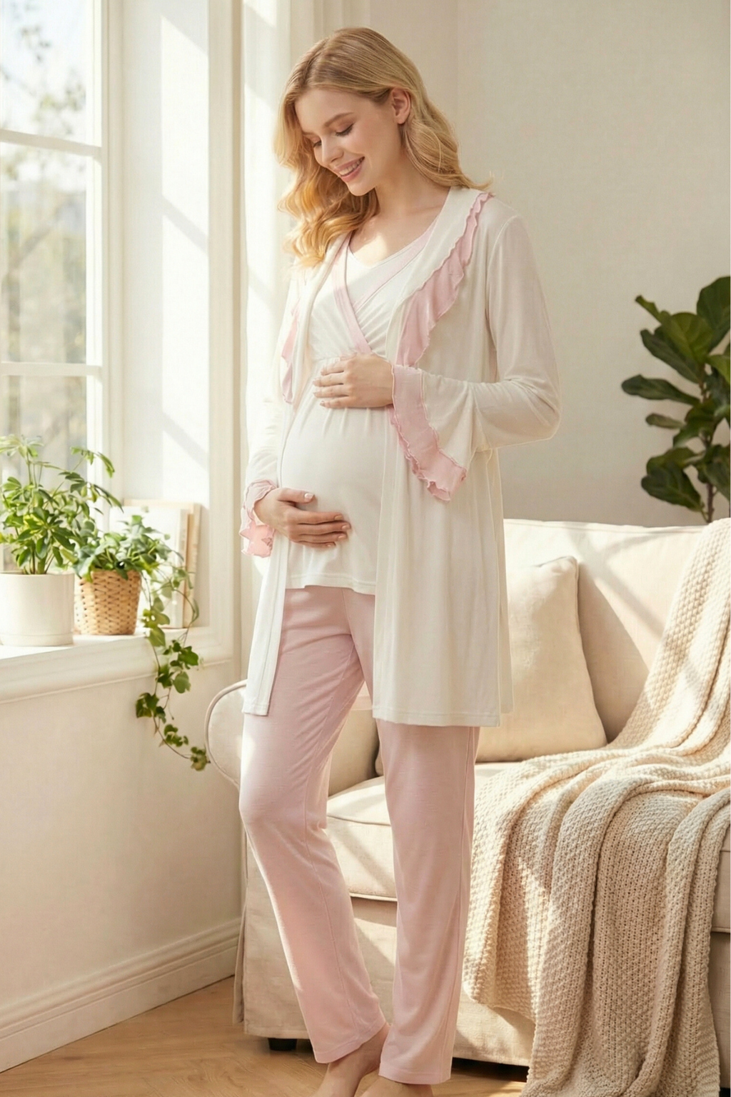 Fırfır Yakalı Pembe Detay Sabahlıklı Kruvaze Lohusa Pijama Takımı-2012