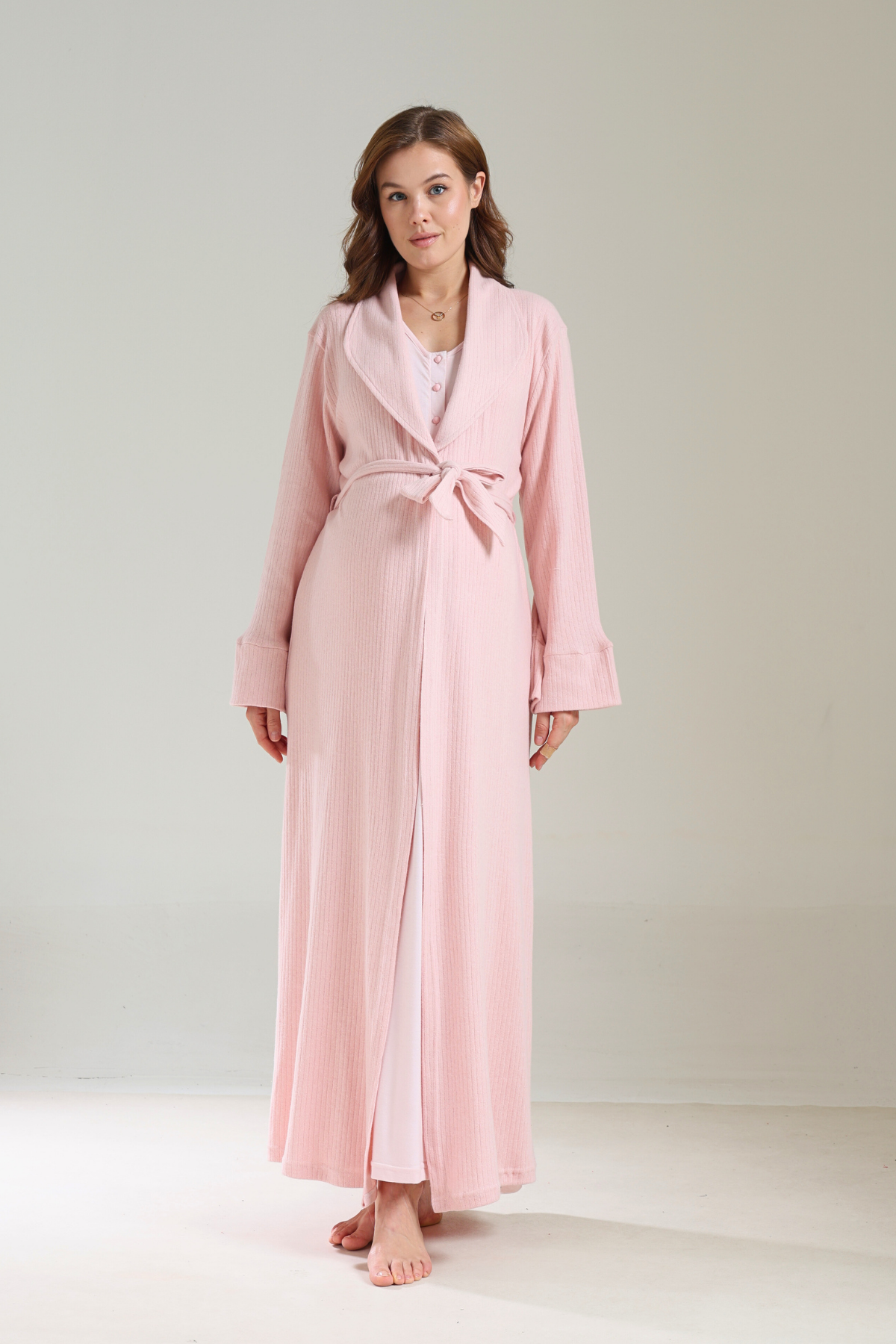 Kalın Kışlık Yumuşak Dokulu Pudra Sabahlıklı Lohusa Gecelik Takımı 1037