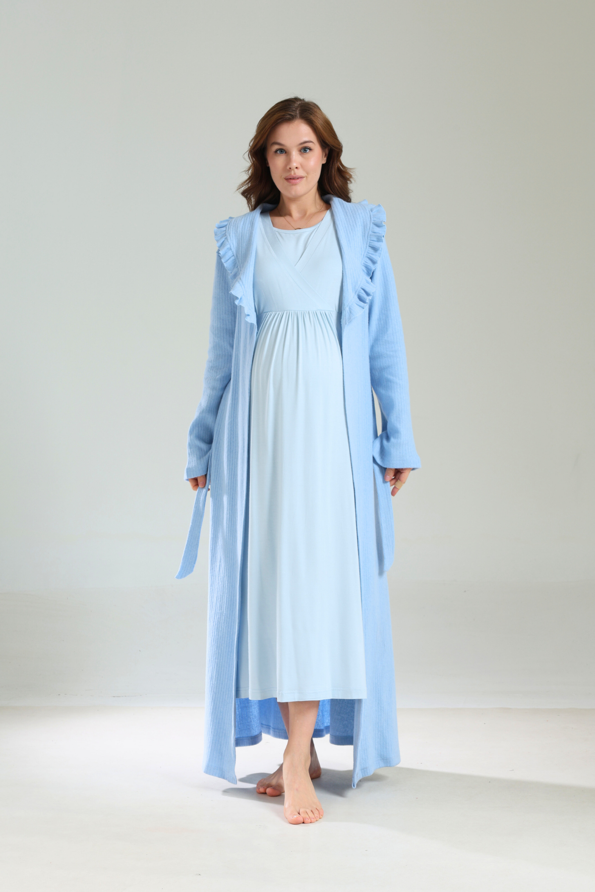 Mavi Bebe Yaka Kalın Yumuşak Sabahlıklı Lohusa Gecelik Takımı  1038