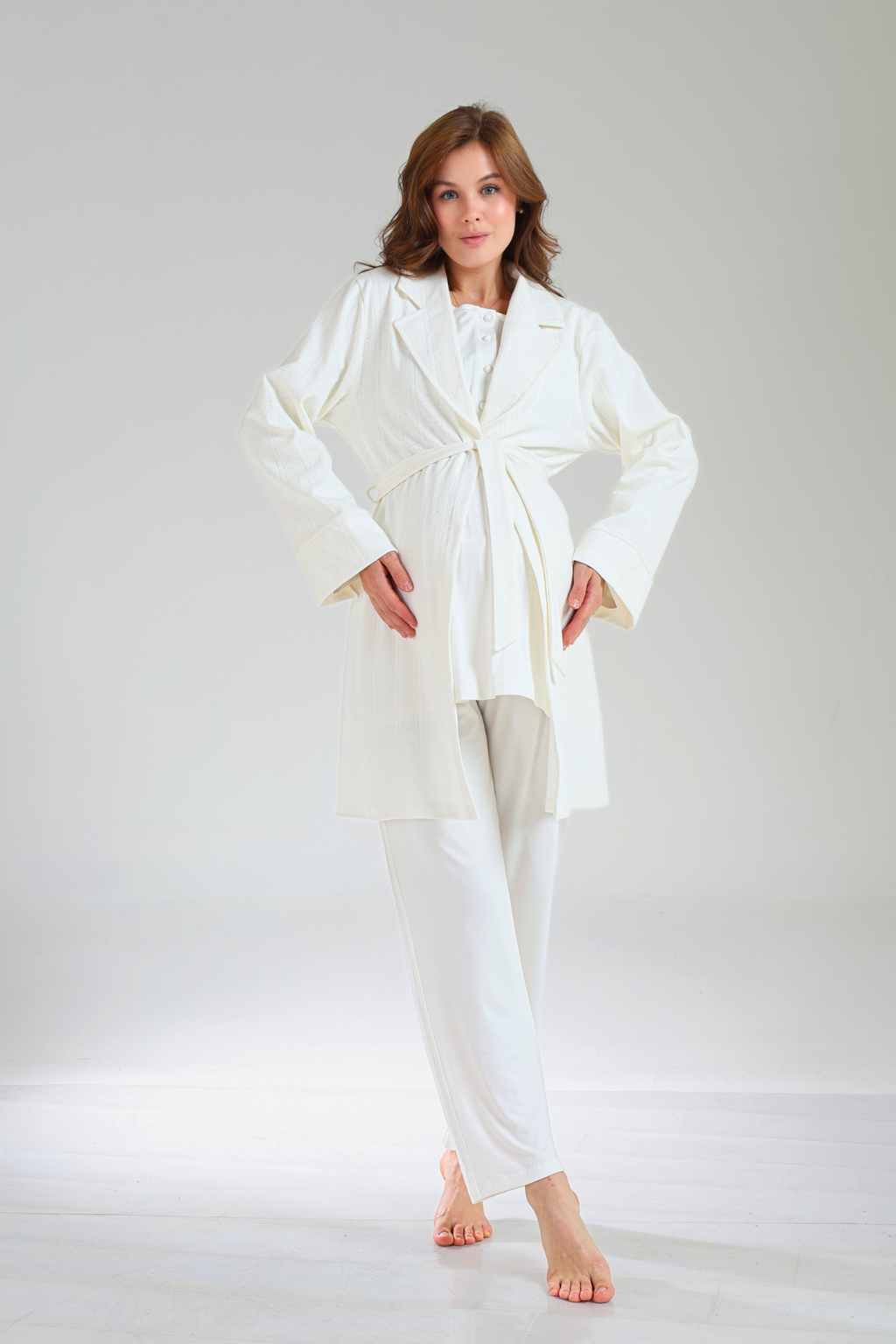 Kışlık Pamuklu Jakar Sabahlıklı Lohusa Pijama Takımı-1035