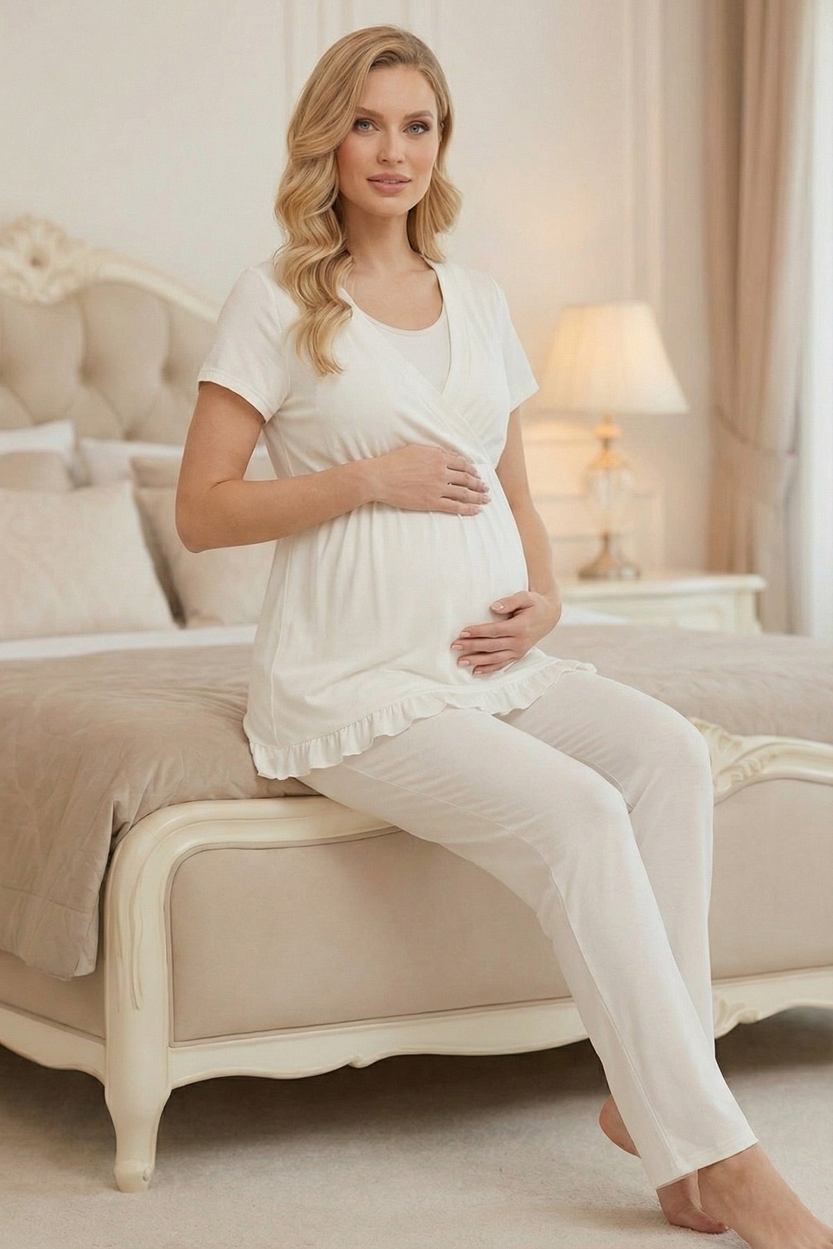 Fırfır Yakalı Sabahlıklı Kruvaze Lohusa Pijama Takımı-2011