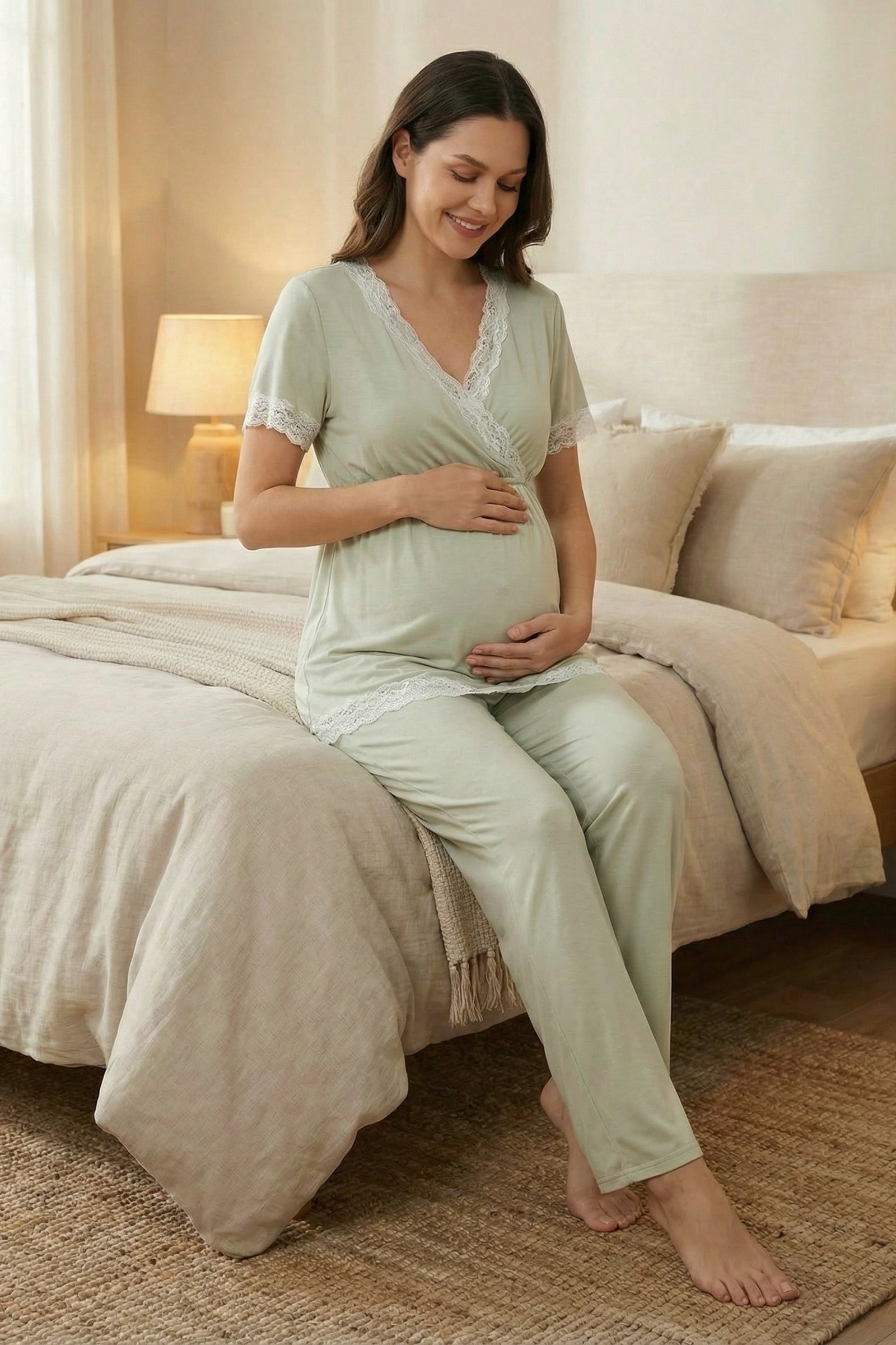 Sabahlıklı Dantel Biyeli Kruvaze Lohusa Pijama Takımı-2032