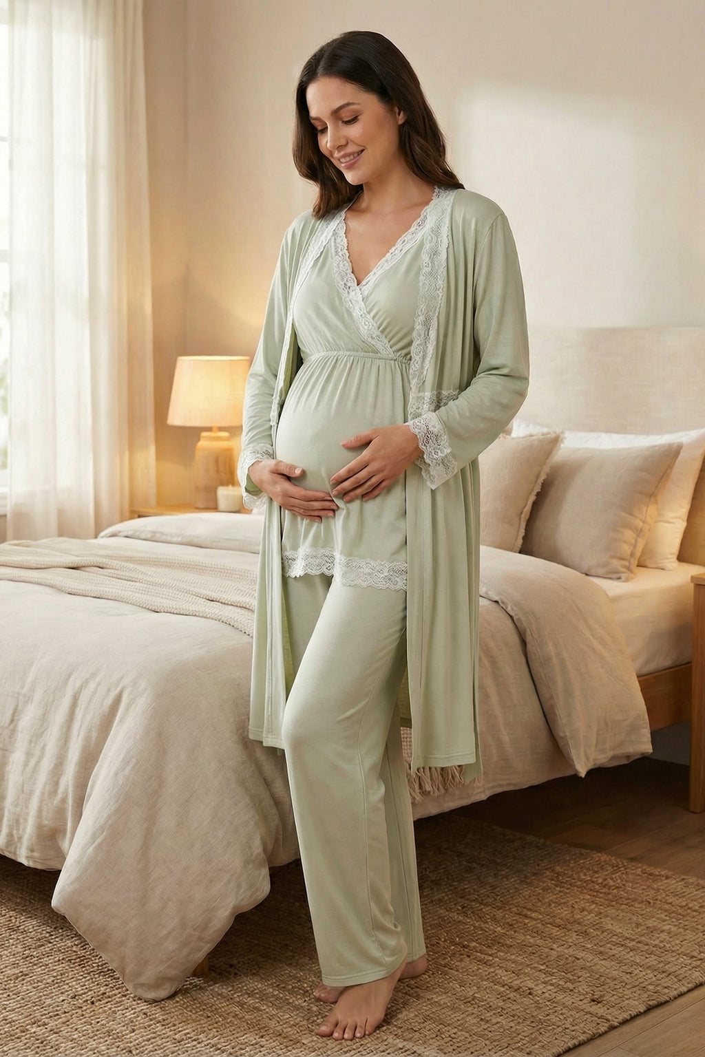 Sabahlıklı Dantel Biyeli Kruvaze Lohusa Pijama Takımı-2032
