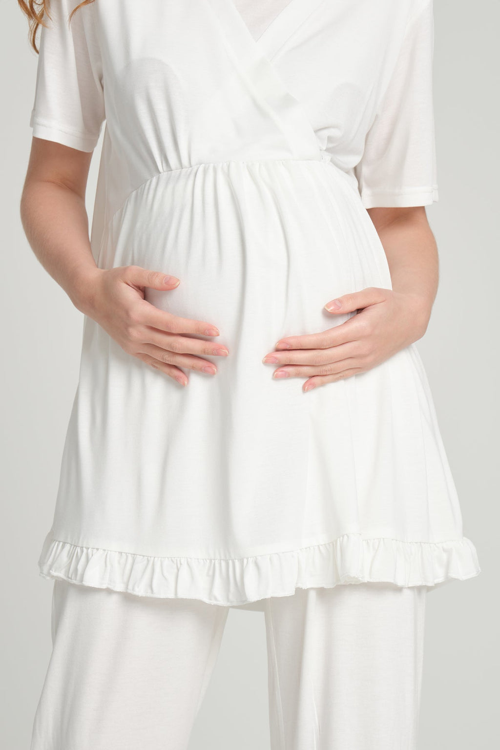 Volan Kol Sabahlıklı Kruvaze Lohusa Pijama Takımı - 2378