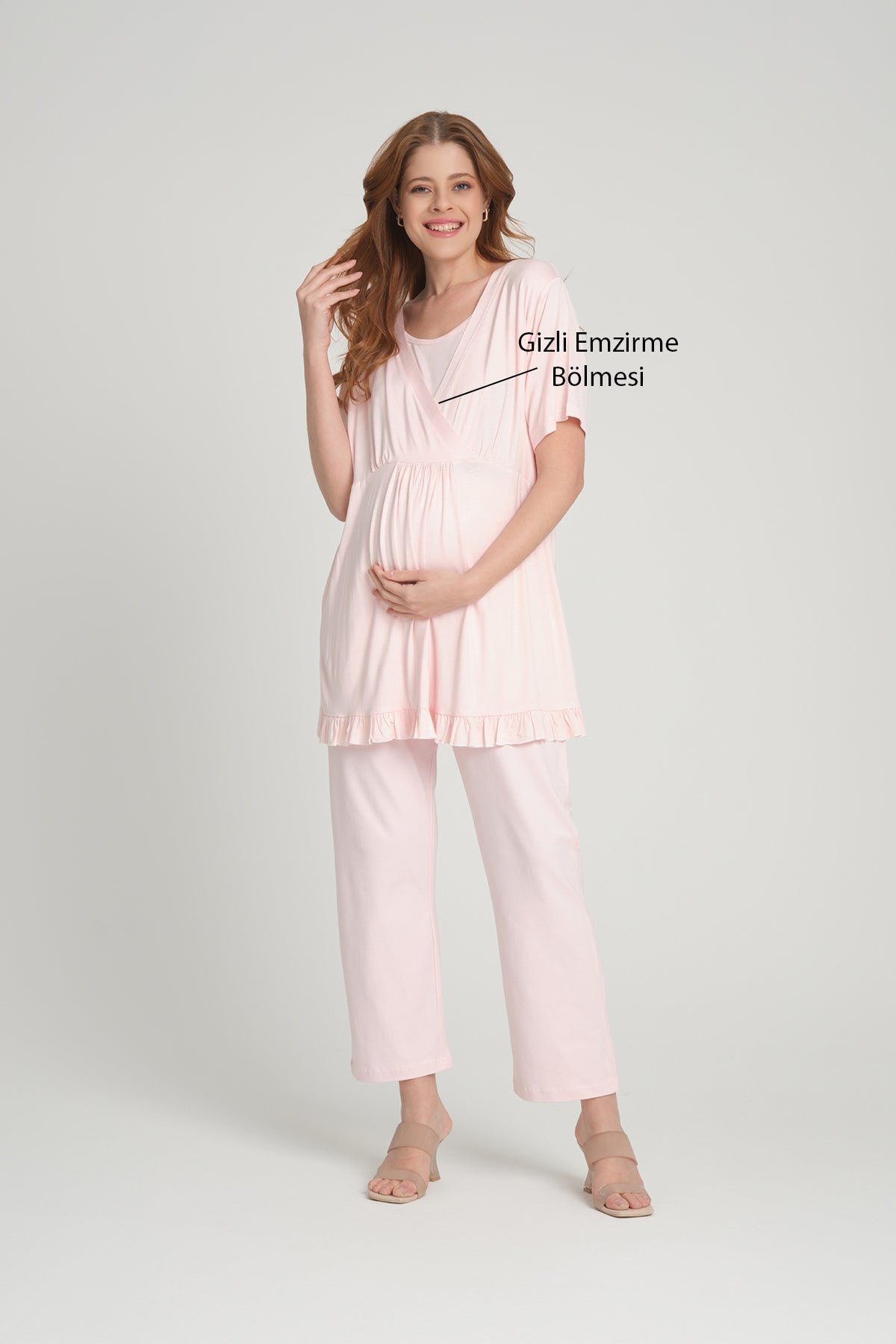 Volan Kol Sabahlıklı Kruvaze Lohusa Pijama Takımı - 2382