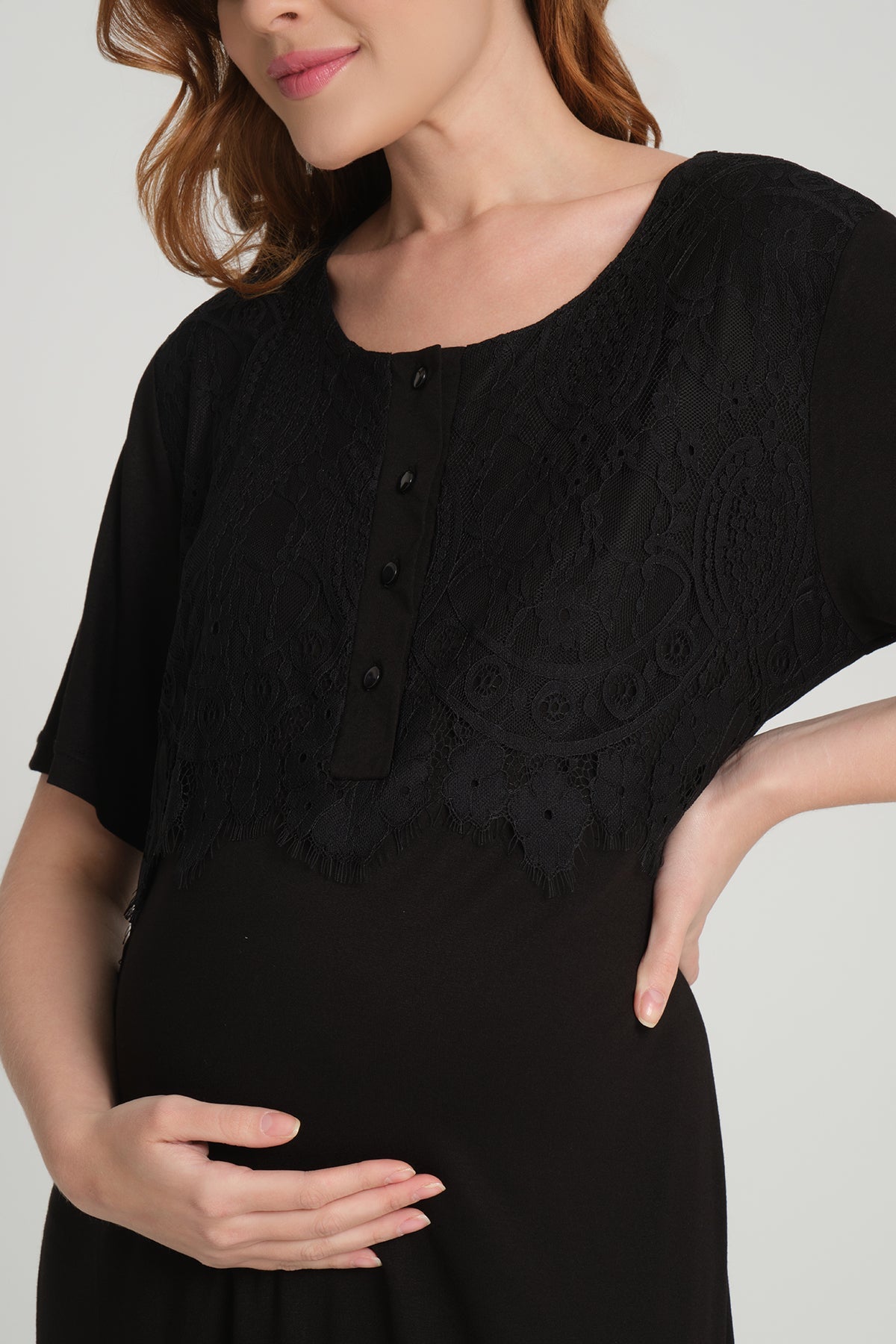 Siyah Dantel Kollu Sabahlıklı Lohusa Pijama Takımı