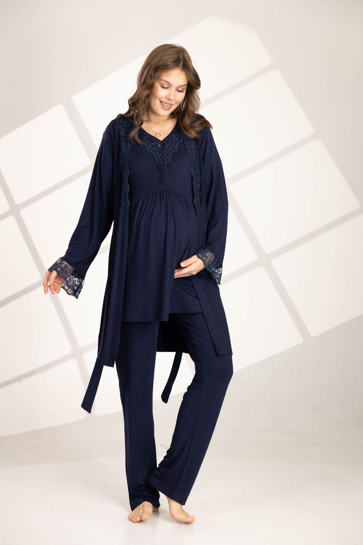 Lacivert Güpürlü Sabahlıklı Lohusa Pijama Takımı 563