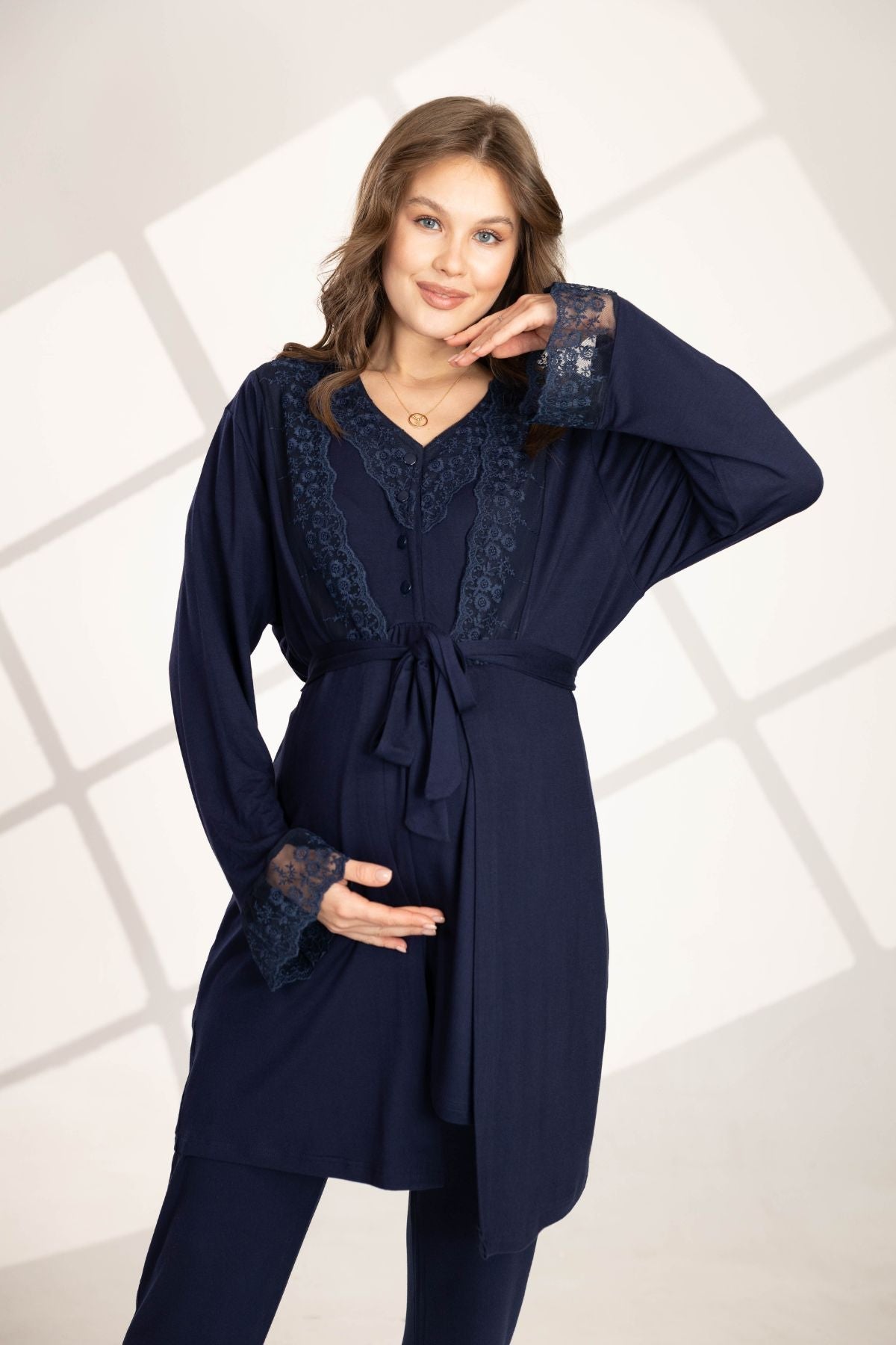 Lacivert Güpürlü Sabahlıklı Lohusa Pijama Takımı 563