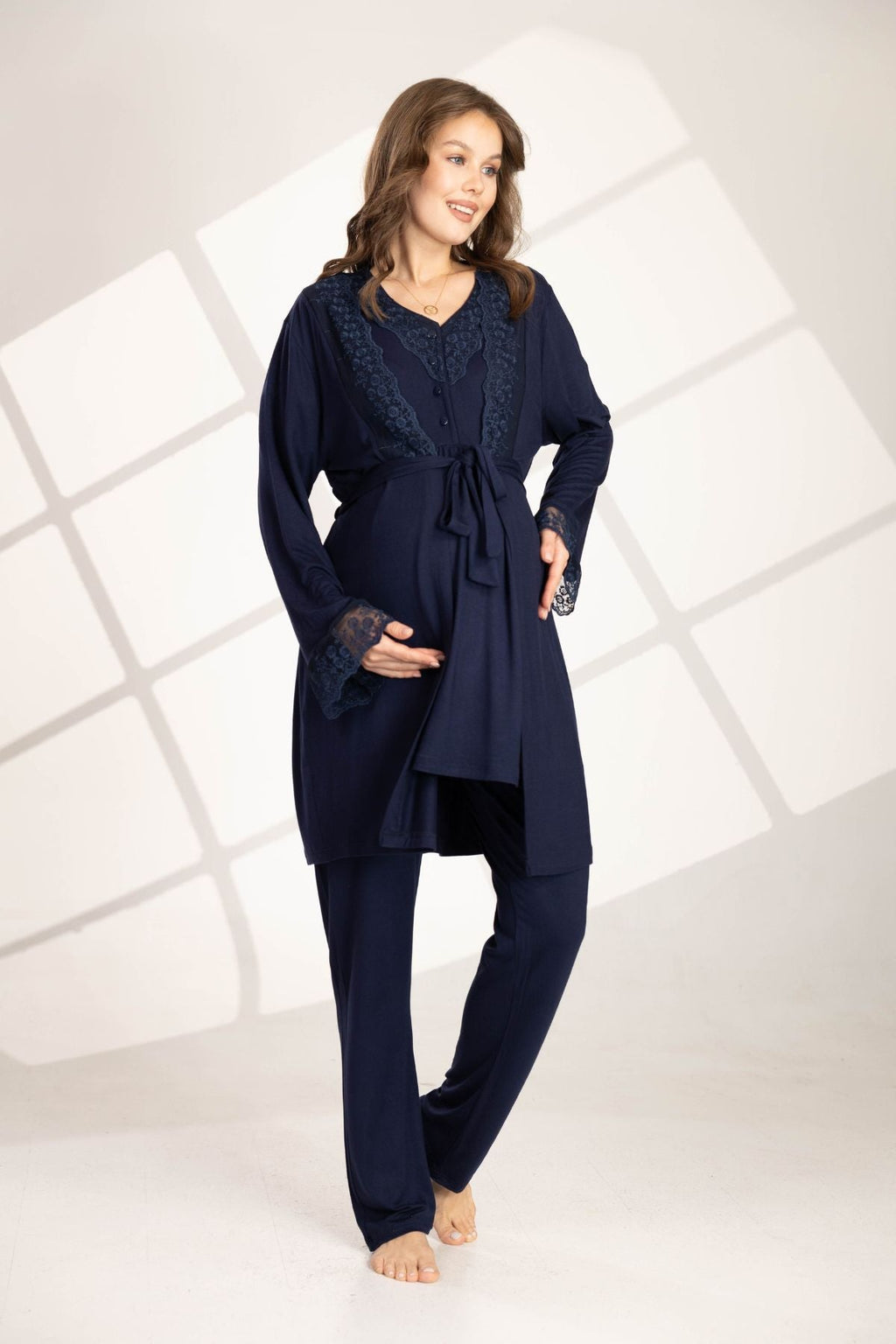 Lacivert Güpürlü Sabahlıklı Lohusa Pijama Takımı 563