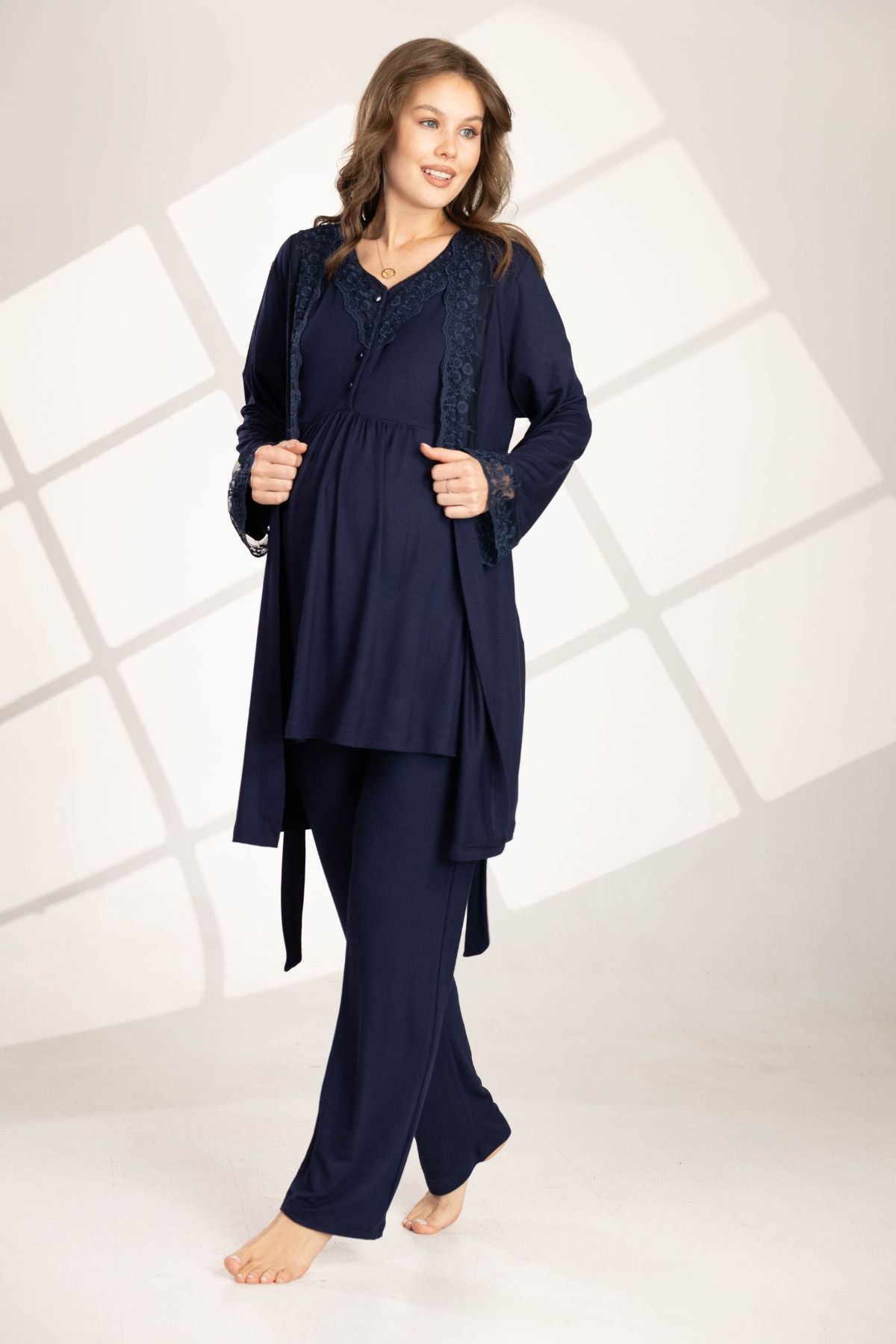 Lacivert Güpürlü Sabahlıklı Lohusa Pijama Takımı 563