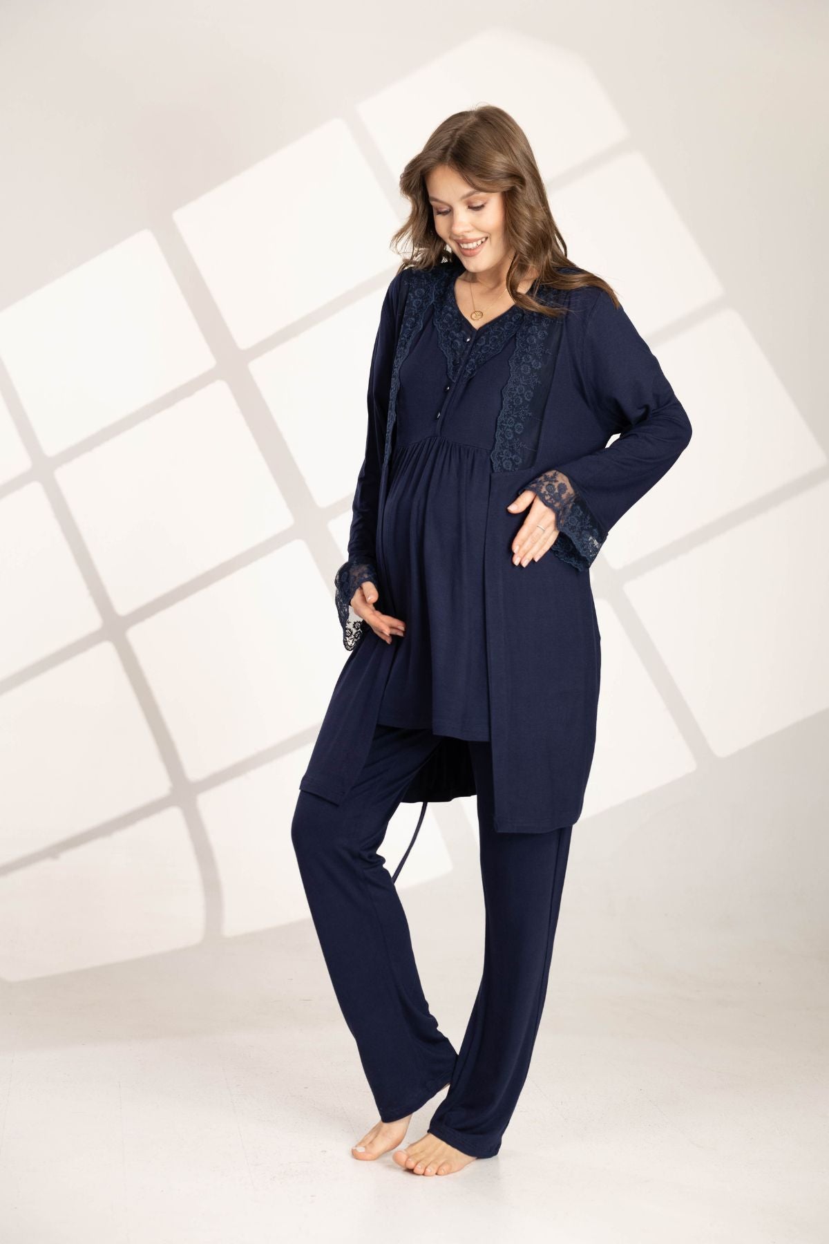 Lacivert Güpürlü Sabahlıklı Lohusa Pijama Takımı 563