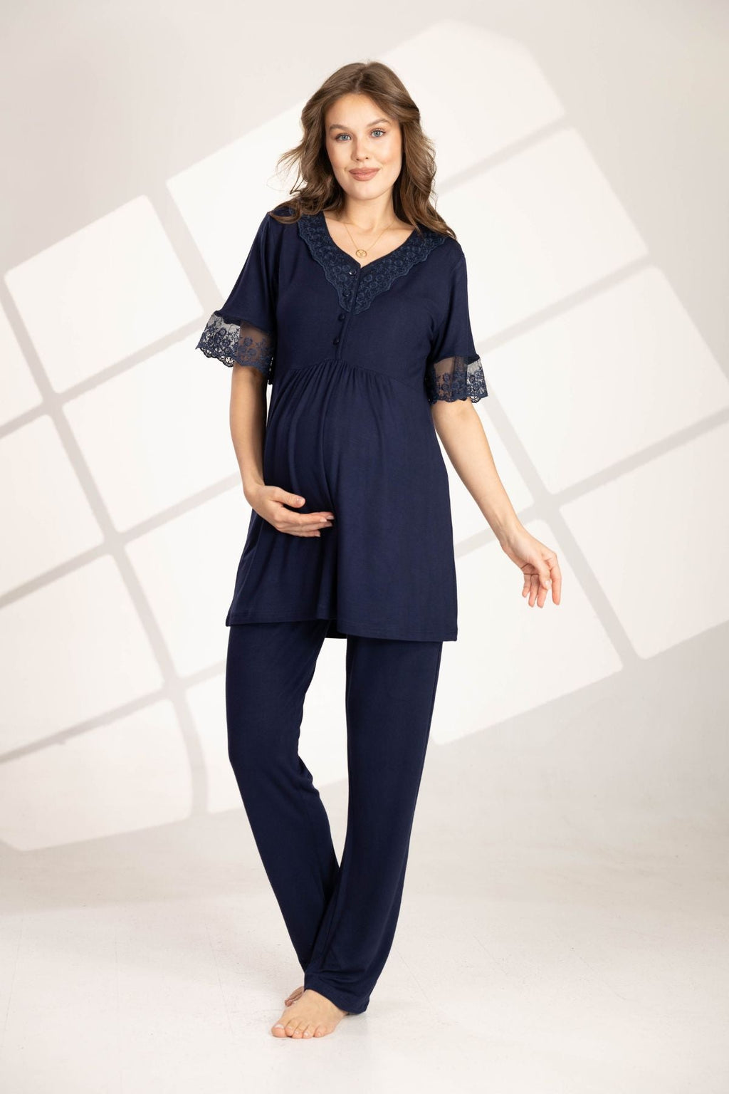 Lacivert Güpürlü Sabahlıklı Lohusa Pijama Takımı 563