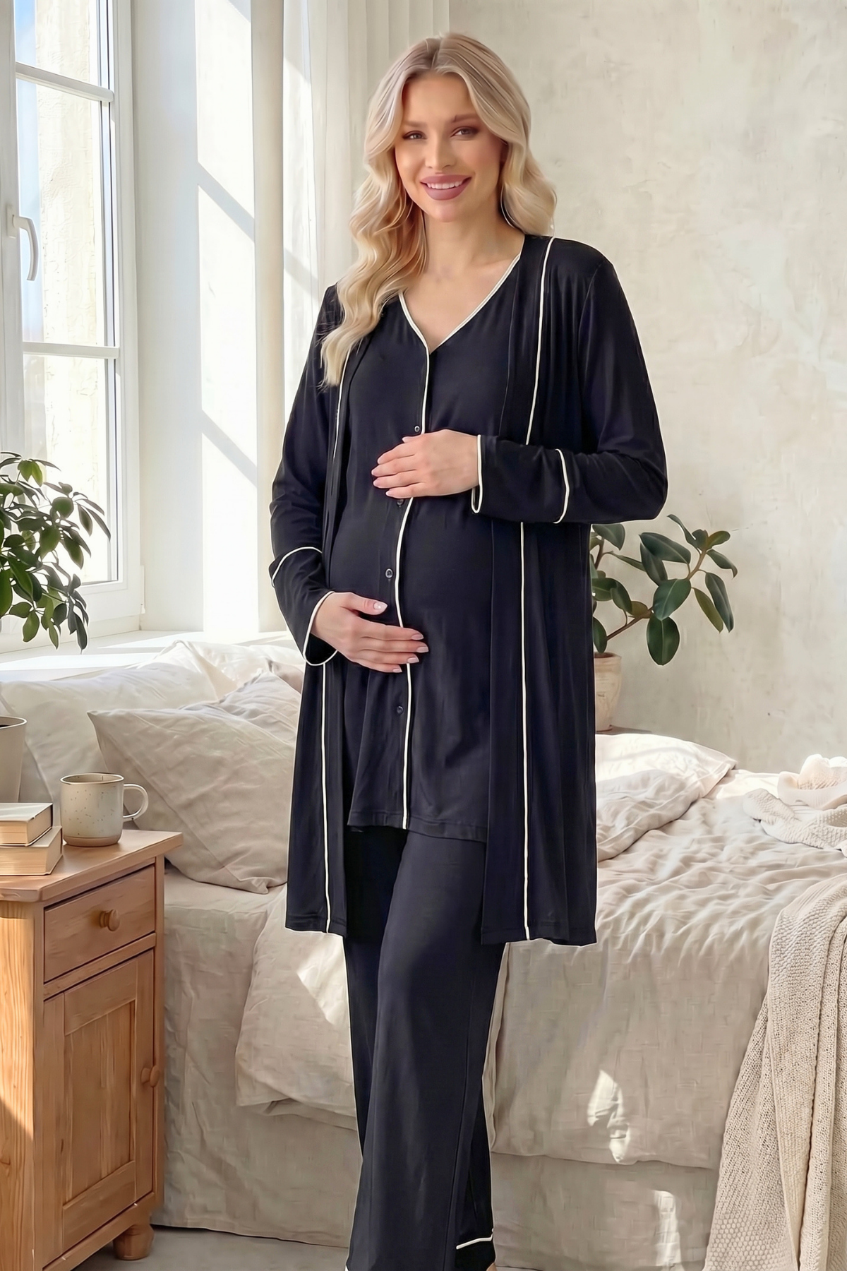 Siyah Önden Düğmeli Sabahlıklı  Lohusa Pijama Takımı-2037