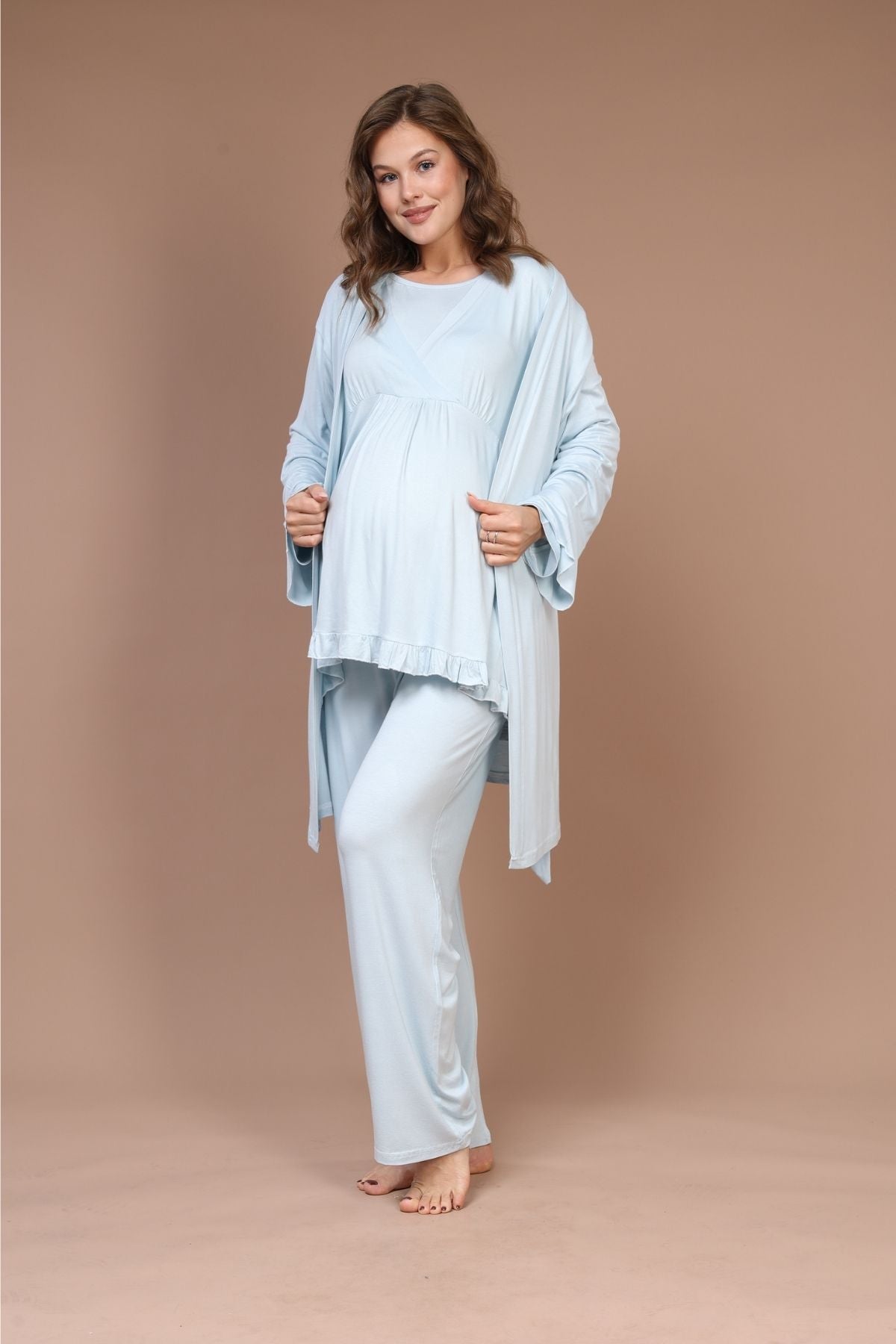 Mavi Kruvaze Sade Uzun Kollu Sabahlıklı Lohusa Pijama Takımı - 625 -