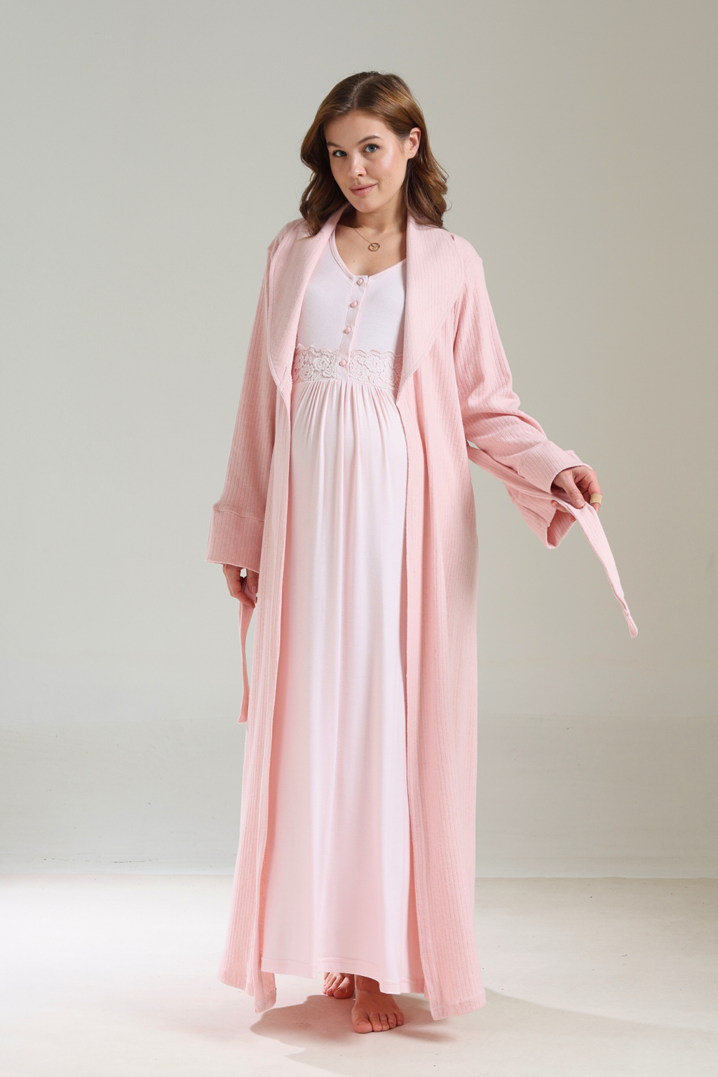 Kalın Kışlık Yumuşak Dokulu Pudra Sabahlıklı Lohusa Gecelik Takımı 1037