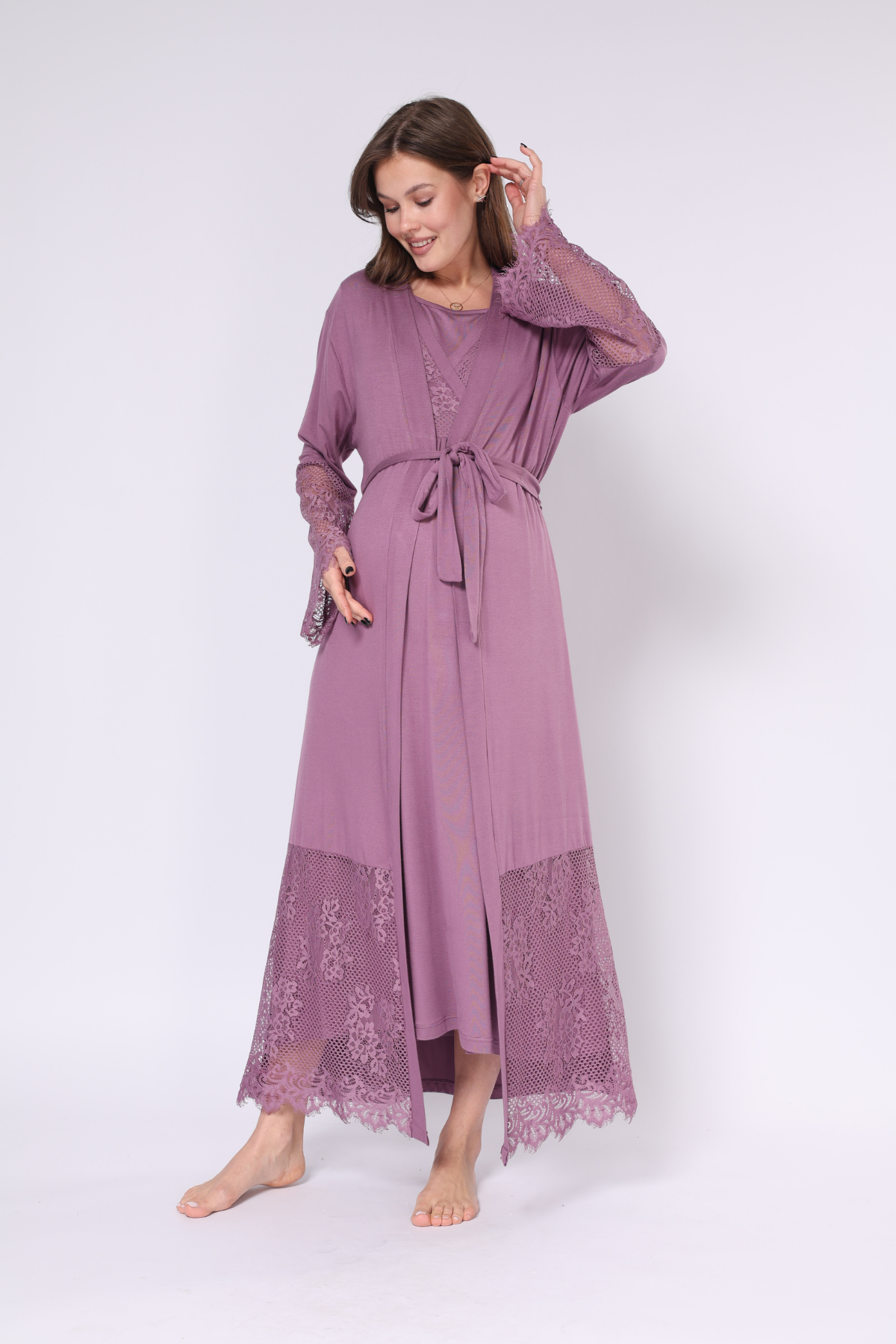 Mürdüm Dantel Detaylı Tasarım Sabahlıklı Kruvaze Lohusa Gecelik Takımı - 551