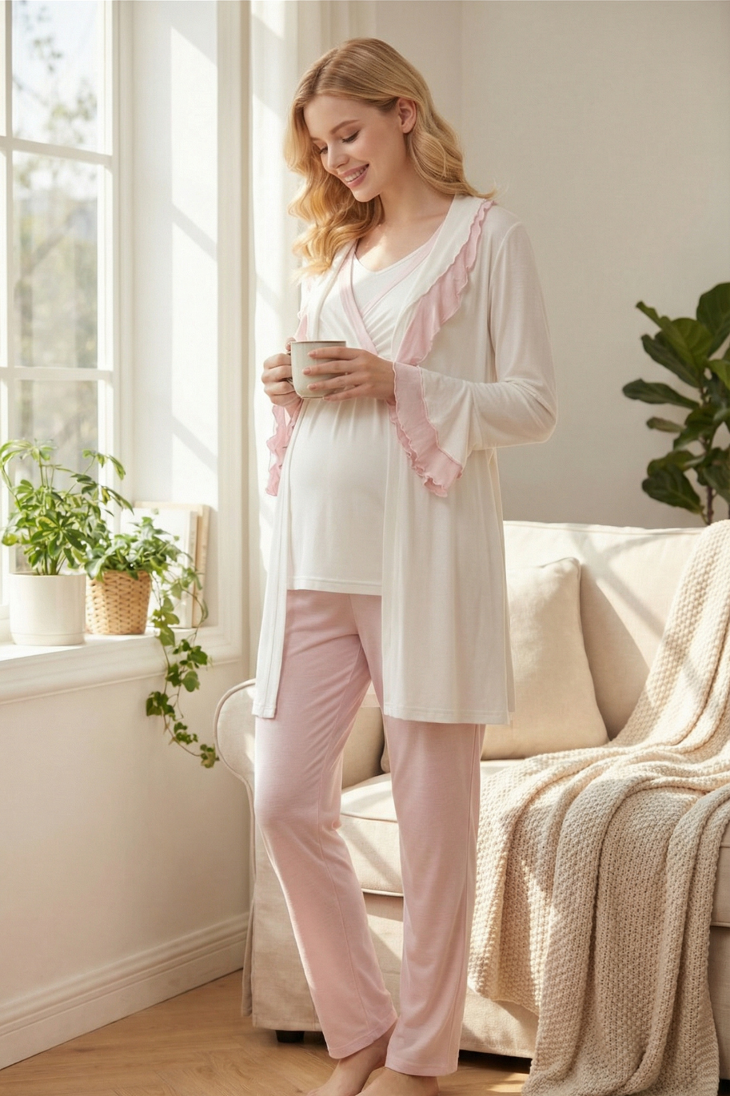 Fırfır Yakalı Pembe Detay Sabahlıklı Kruvaze Lohusa Pijama Takımı-2012
