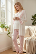 Fırfır Yakalı Pembe Detay Sabahlıklı Kruvaze Lohusa Pijama Takımı-2012