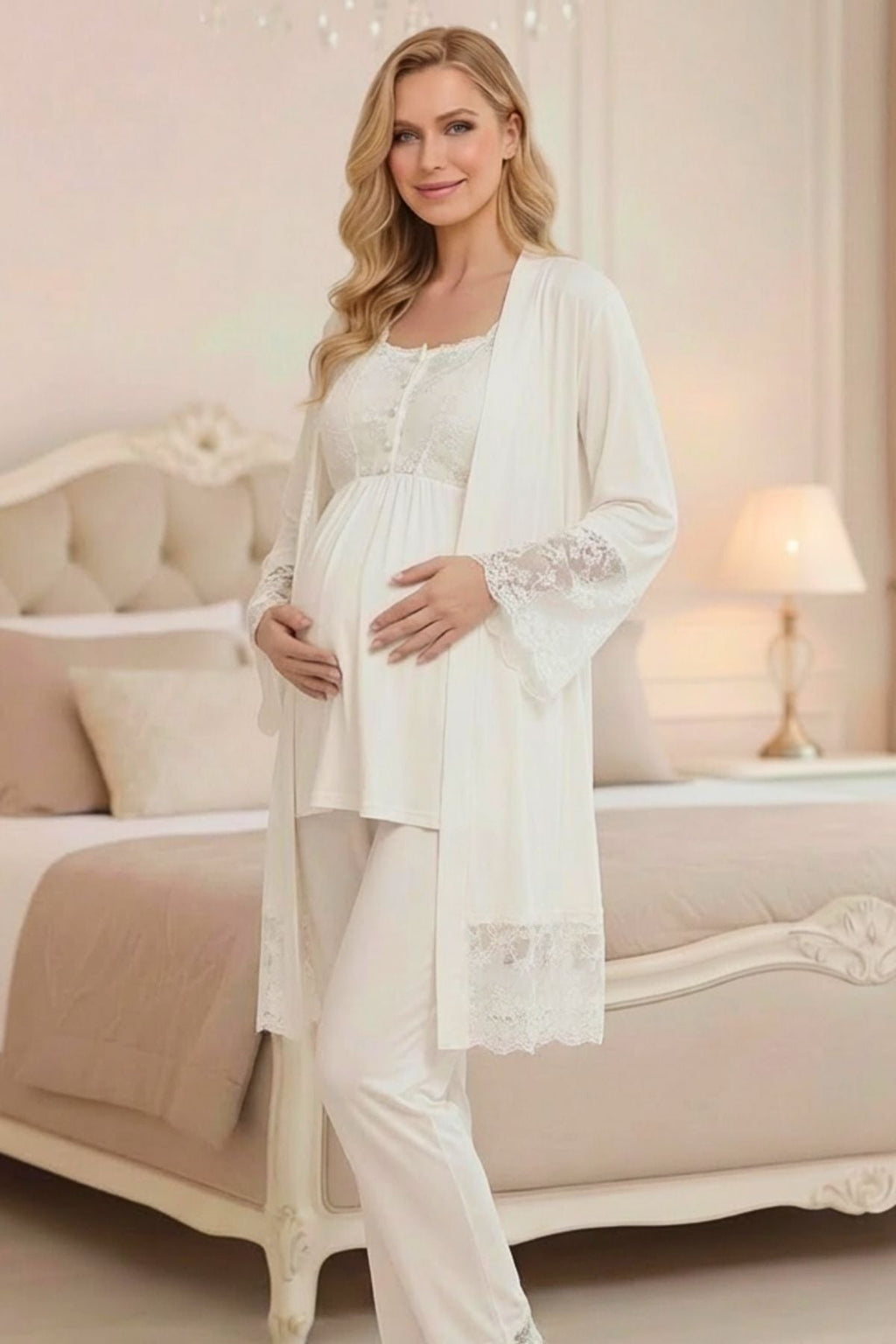 Ekru Brodeli Tasarım Sabahlıklı Lohusa Pijama Takımı-2025