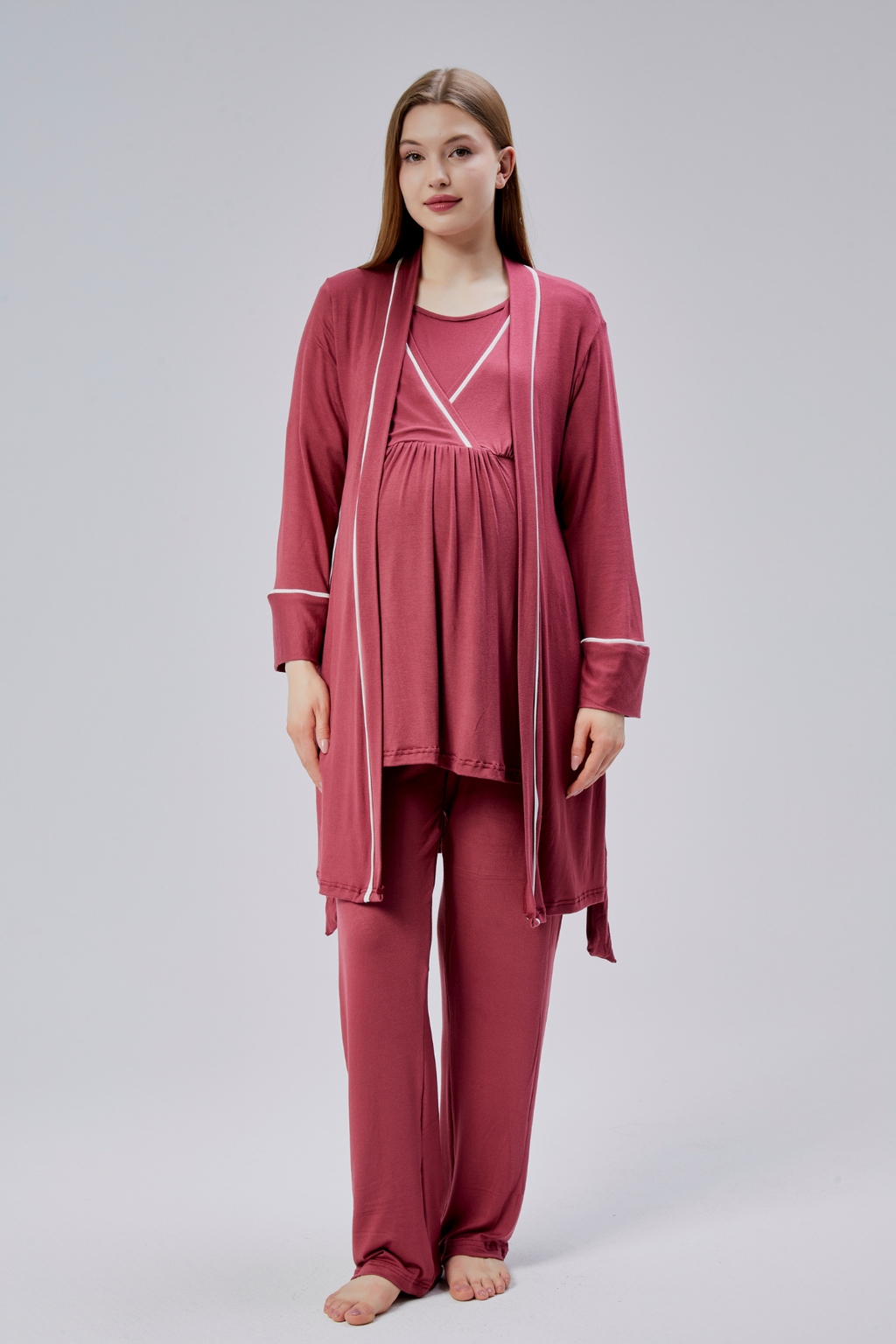 Narçiçeği Biyeli Sabahlıklı Lohusa Pijama Takımı-0810