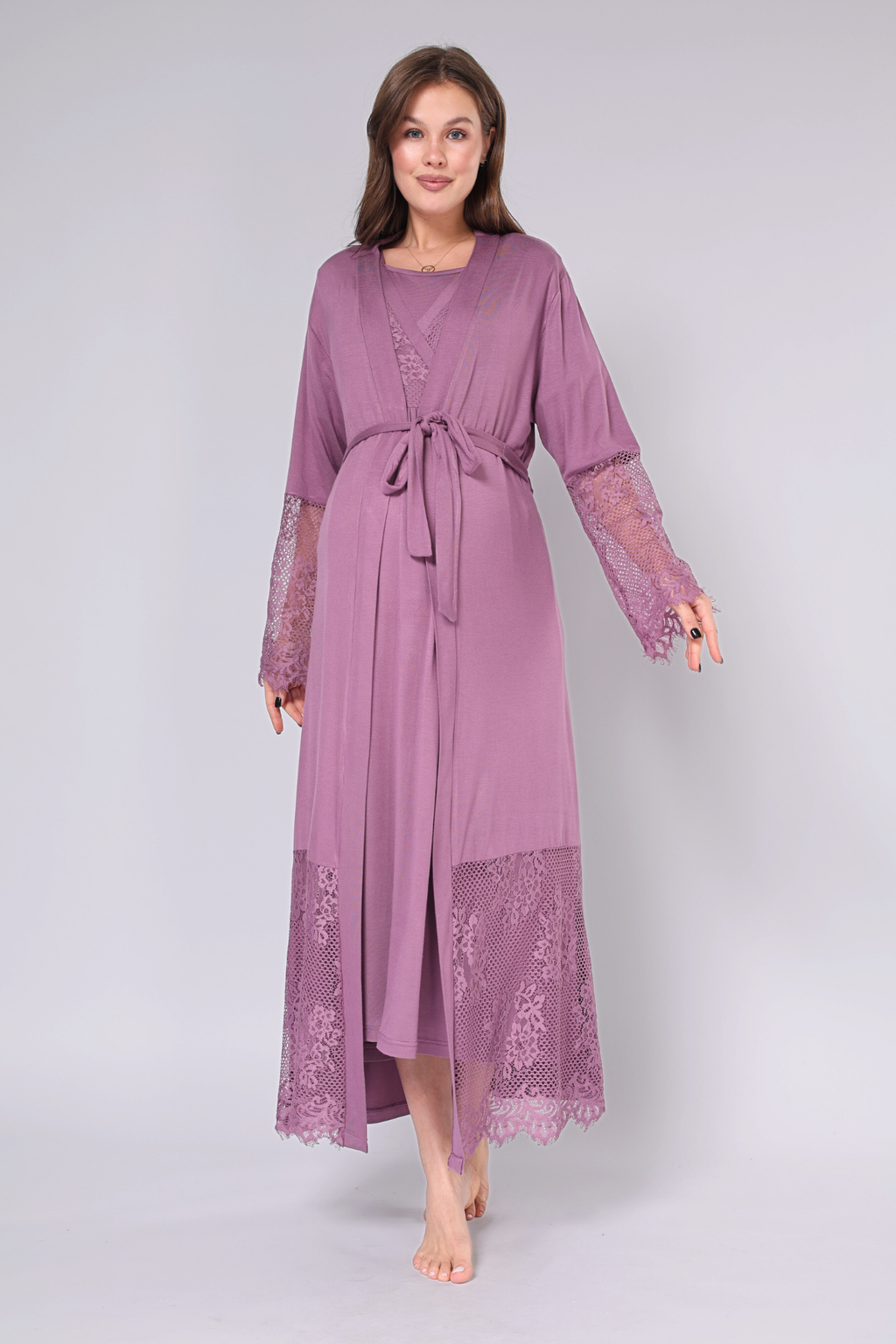 Mürdüm Dantel Detaylı Tasarım Sabahlıklı Kruvaze Lohusa Gecelik Takımı - 551