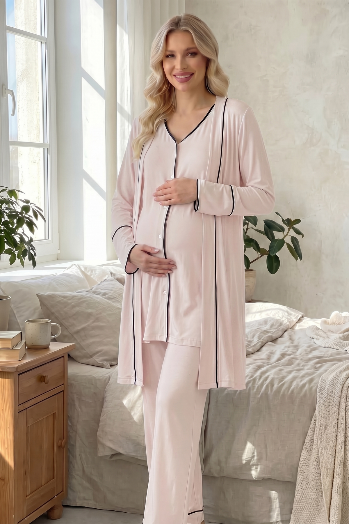 Pembe Önden Düğmeli Sabahlıklı  Lohusa Pijama Takımı-2038