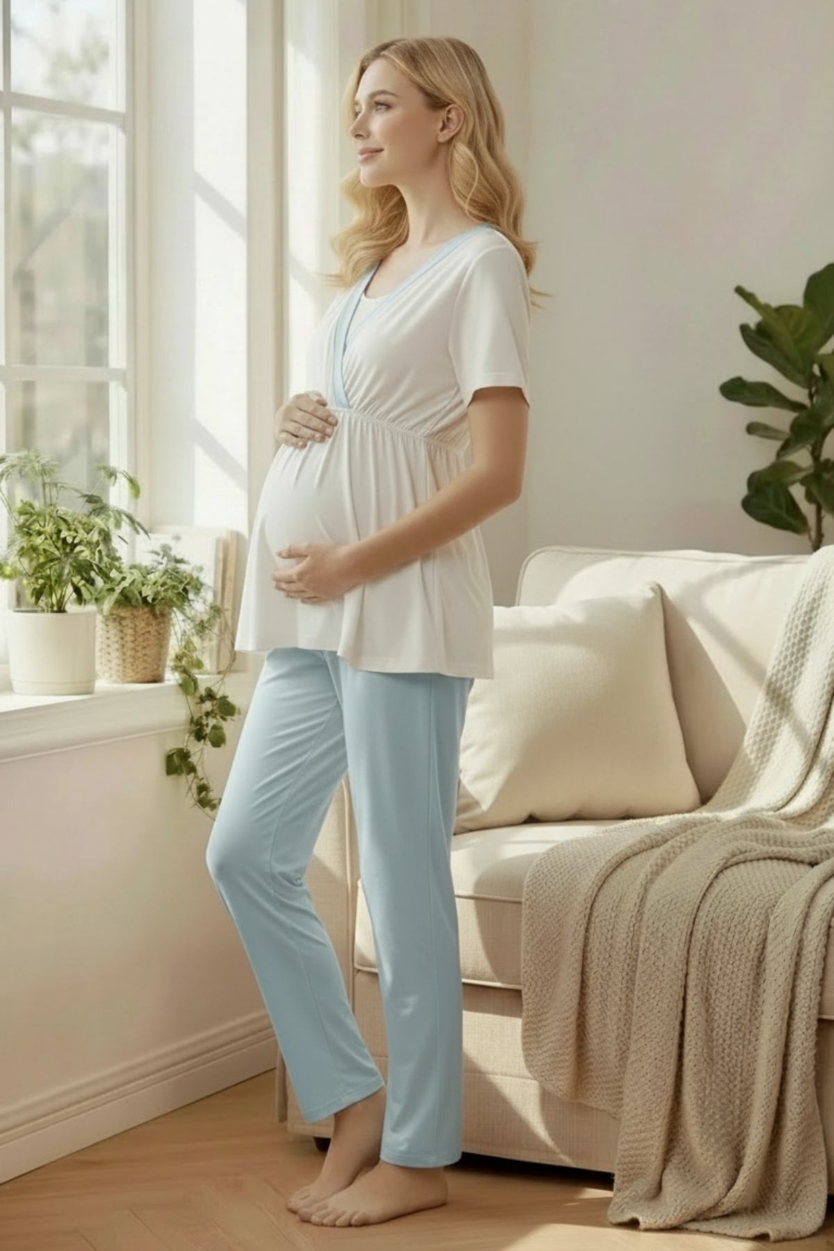 Fırfır Yakalı Mavi Detay Sabahlıklı Kruvaze Lohusa Pijama Takımı-2013