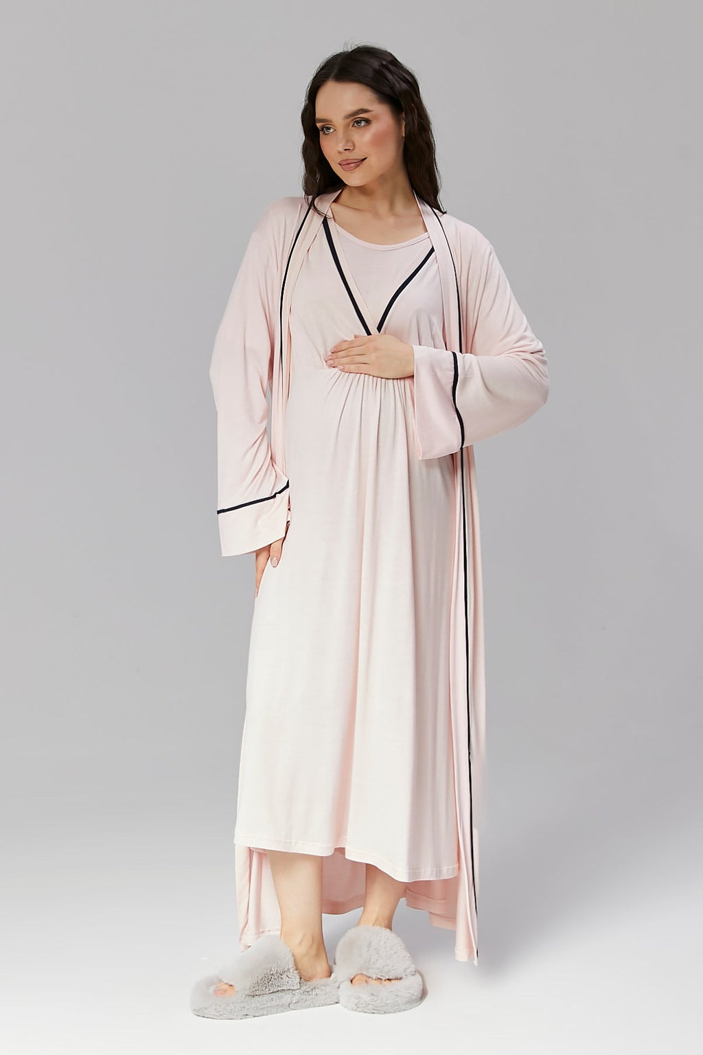 Pembe Biyeli Sabahlıklı Kruvaze Lohusa Gecelik Takımı