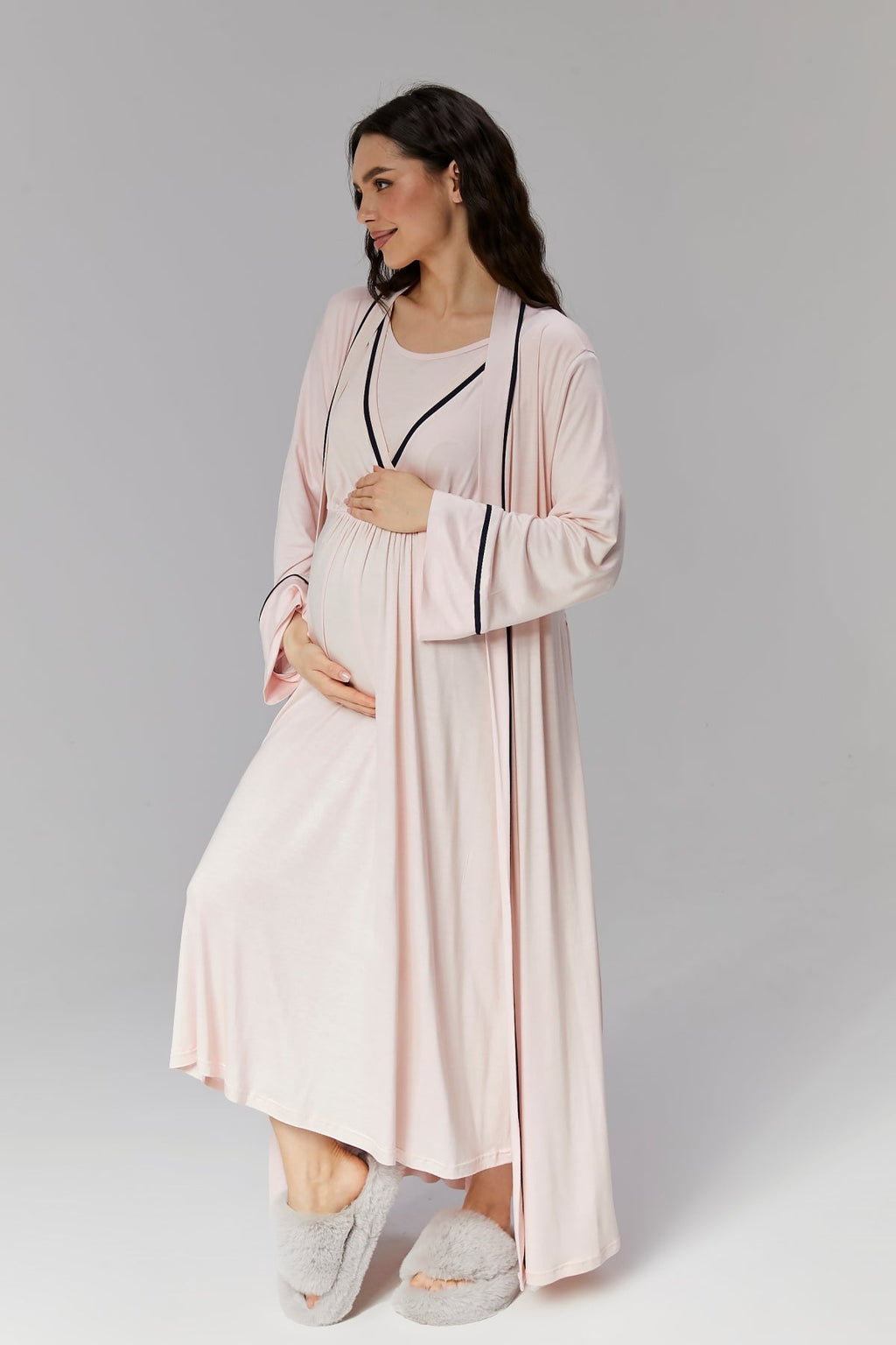 Pembe Biyeli Sabahlıklı Kruvaze Lohusa Gecelik Takımı