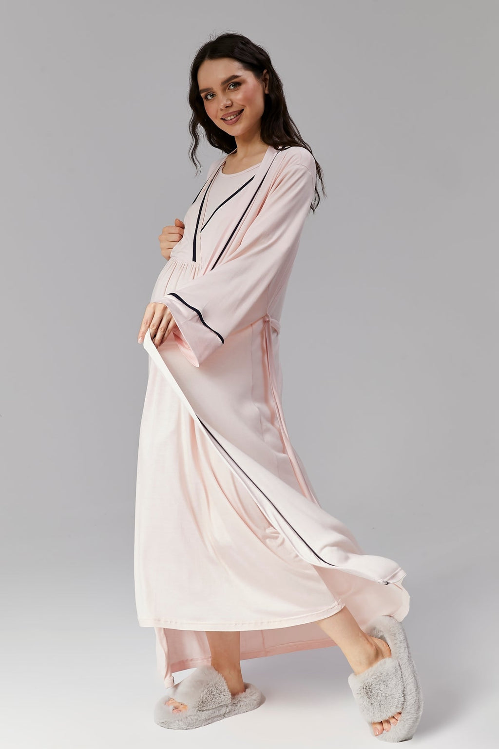 Pembe Biyeli Sabahlıklı Kruvaze Lohusa Gecelik Takımı