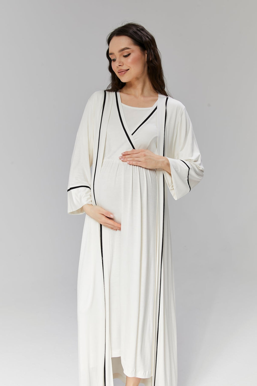 Ekru Biyeli Sabahlıklı Kruvaze Lohusa Gecelik Takımı