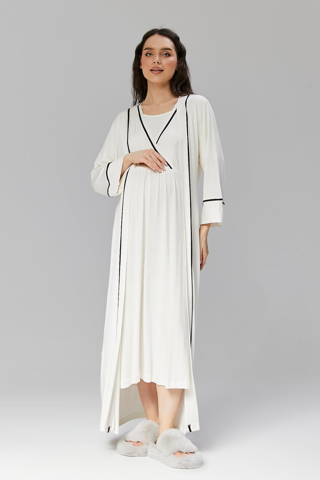 Ekru Biyeli Sabahlıklı Kruvaze Lohusa Gecelik Takımı