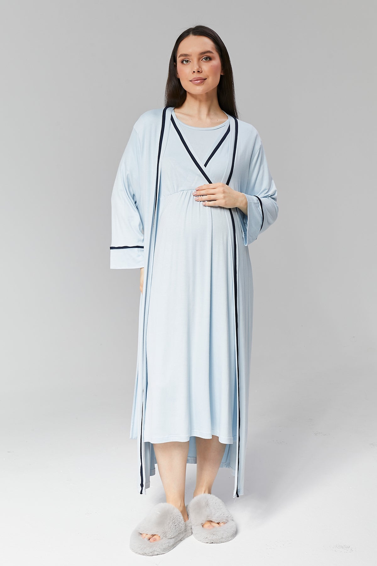 Mavi Biye Geçişli  Sabahlıklı Kruvaze Lohusa Gecelik Takımı