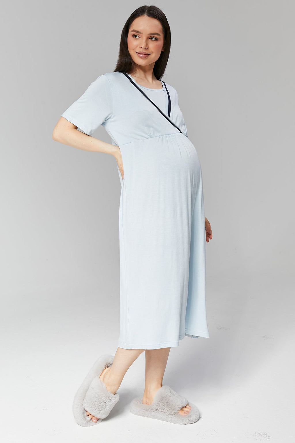 Mavi Biye Geçişli  Sabahlıklı Kruvaze Lohusa Gecelik Takımı