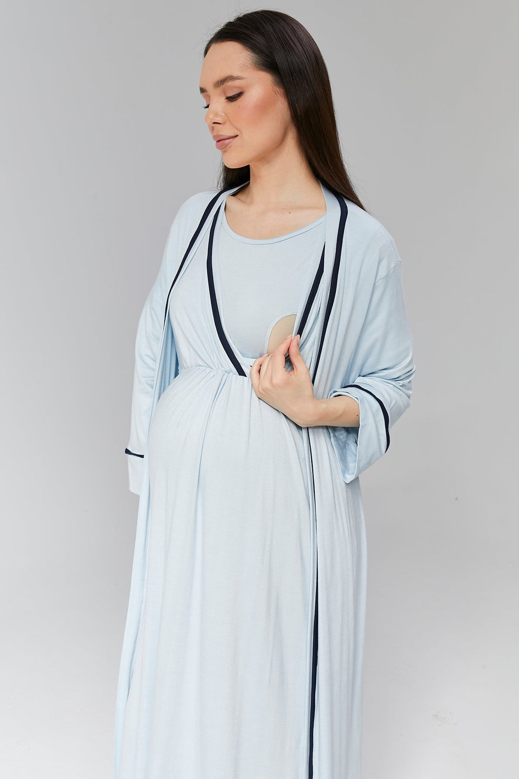 Mavi Biye Geçişli  Sabahlıklı Kruvaze Lohusa Gecelik Takımı