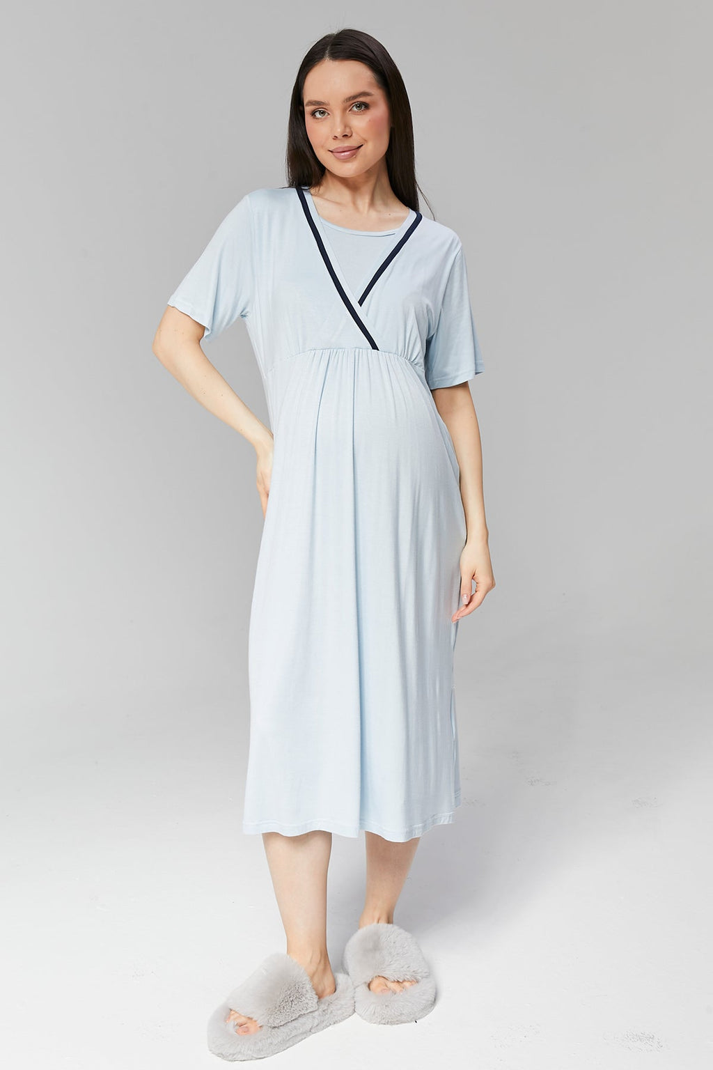 Mavi Biye Geçişli  Sabahlıklı Kruvaze Lohusa Gecelik Takımı