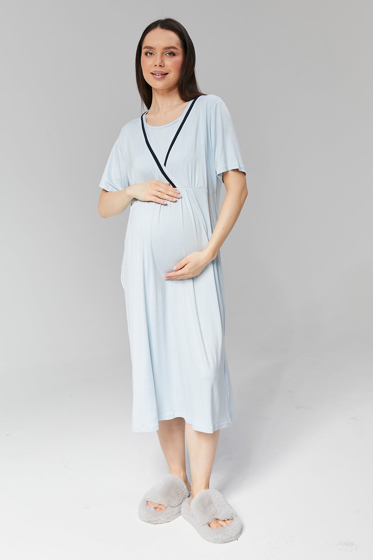 Mavi Biye Geçişli  Sabahlıklı Kruvaze Lohusa Gecelik Takımı