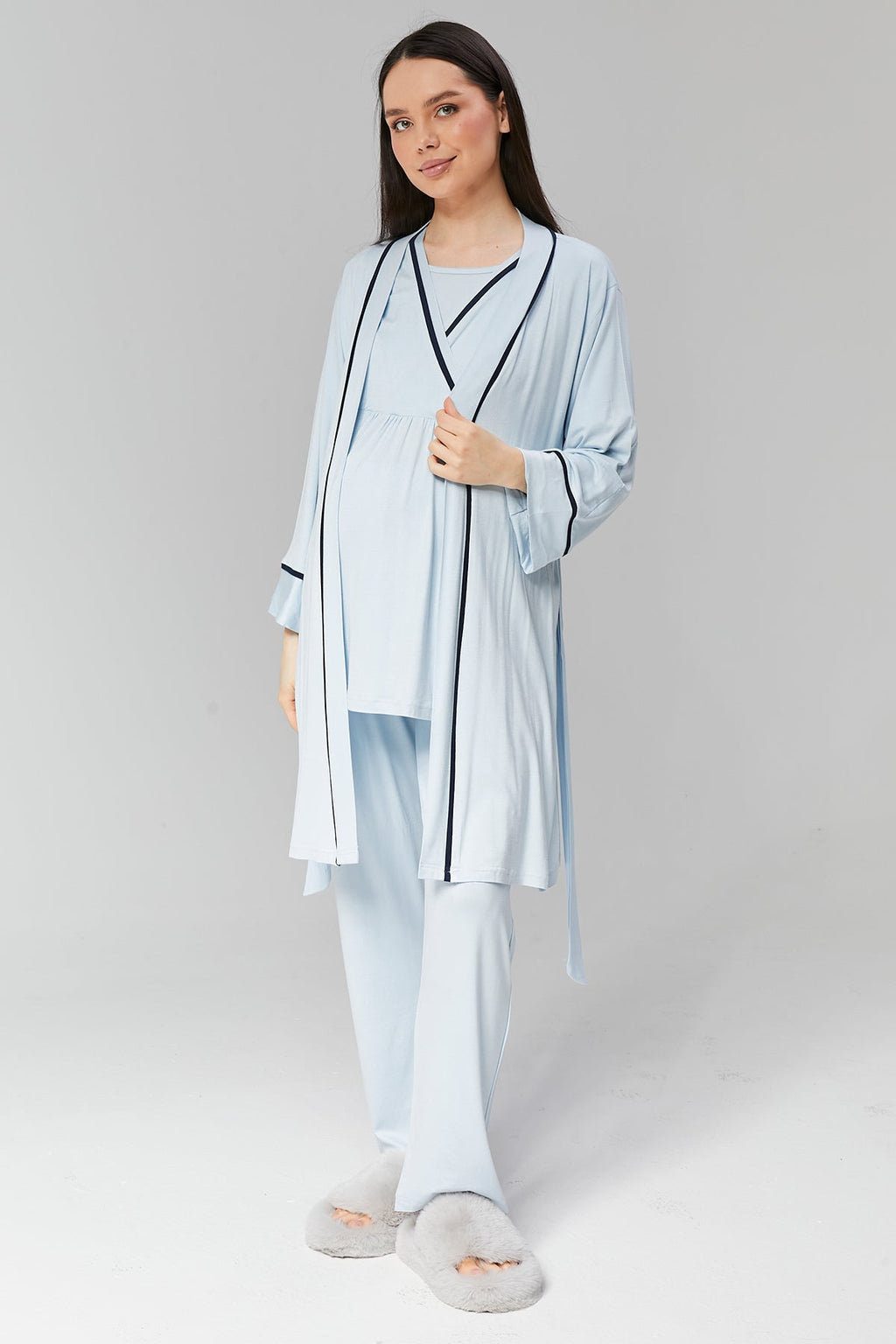 Mavi Biye Geçişli Sabahlıklı Kruvaze Lohusa Pijama Takımı