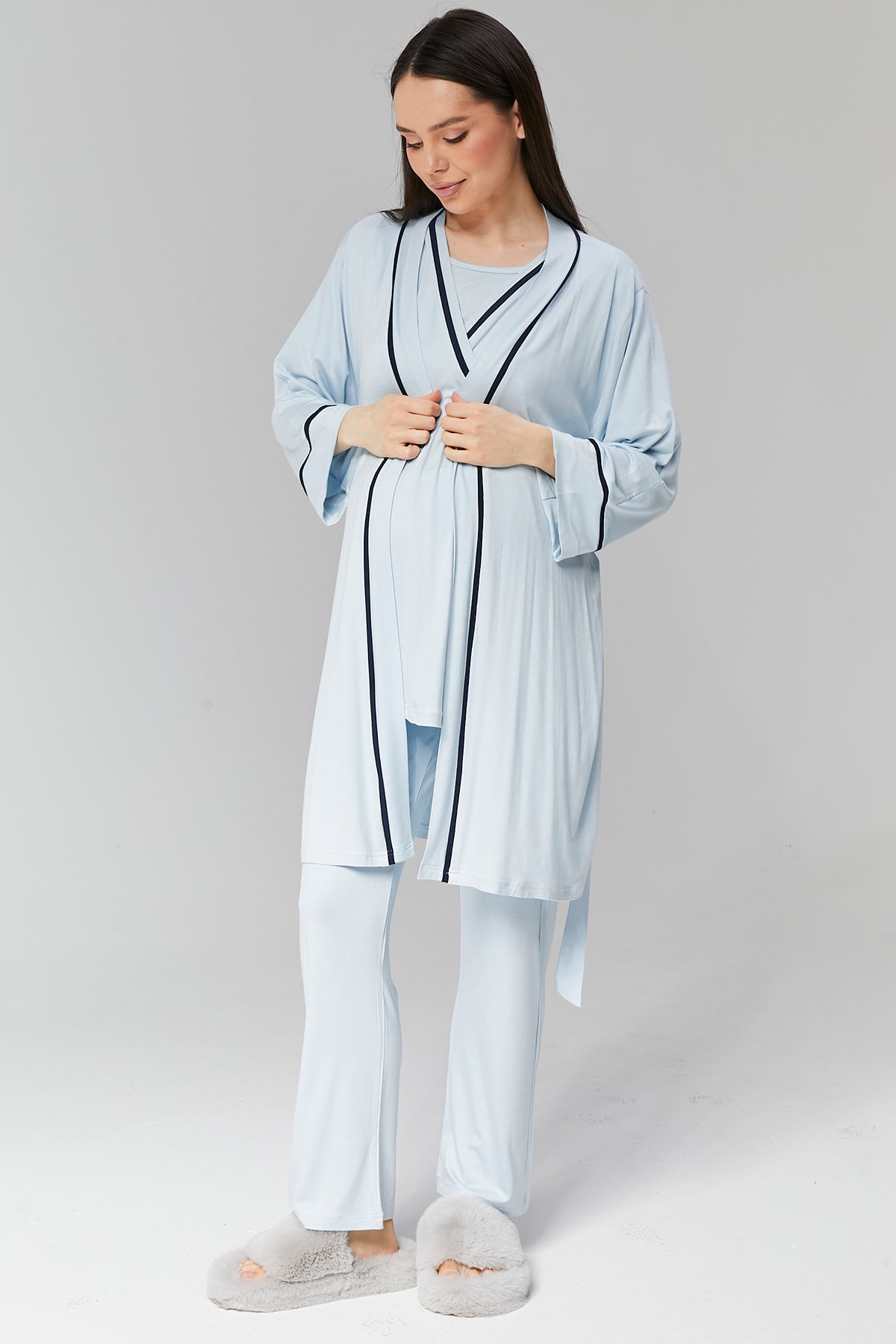 Mavi Biye Geçişli Sabahlıklı Kruvaze Lohusa Pijama Takımı