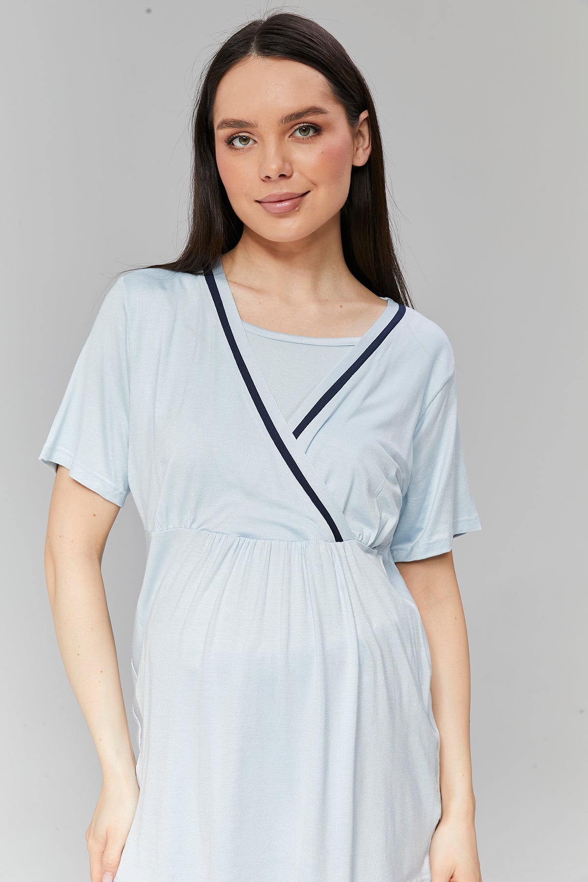 Mavi Biye Geçişli Sabahlıklı Kruvaze Lohusa Pijama Takımı