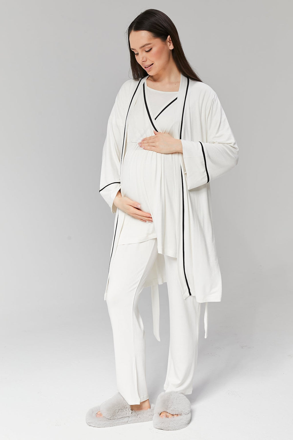 Ekru Biyeli Sabahlıklı Kruvaze Lohusa Pijama Takımı