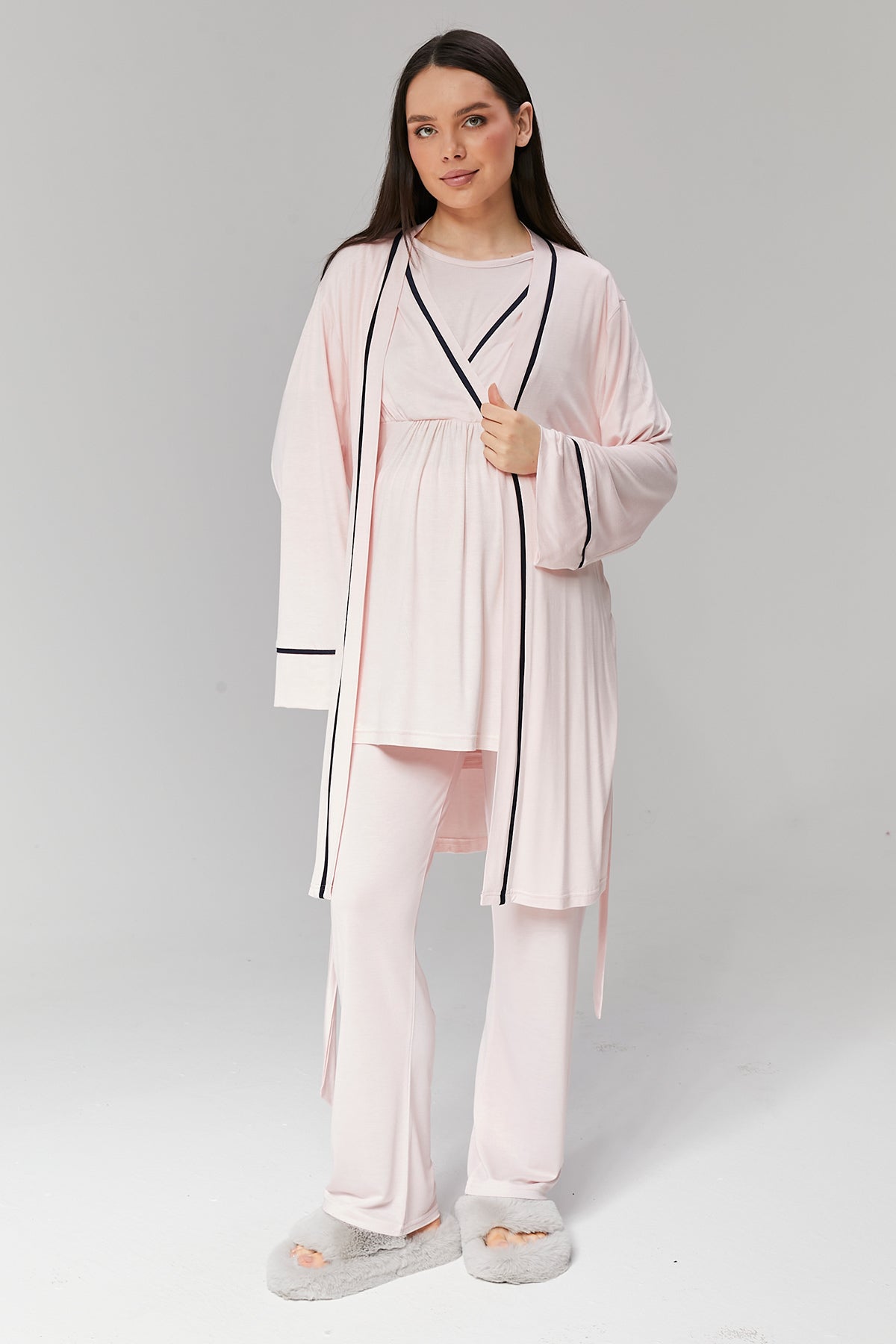 Pembe Biyeli Sabahlıklı Kruvaze Lohusa Pijama Takımı